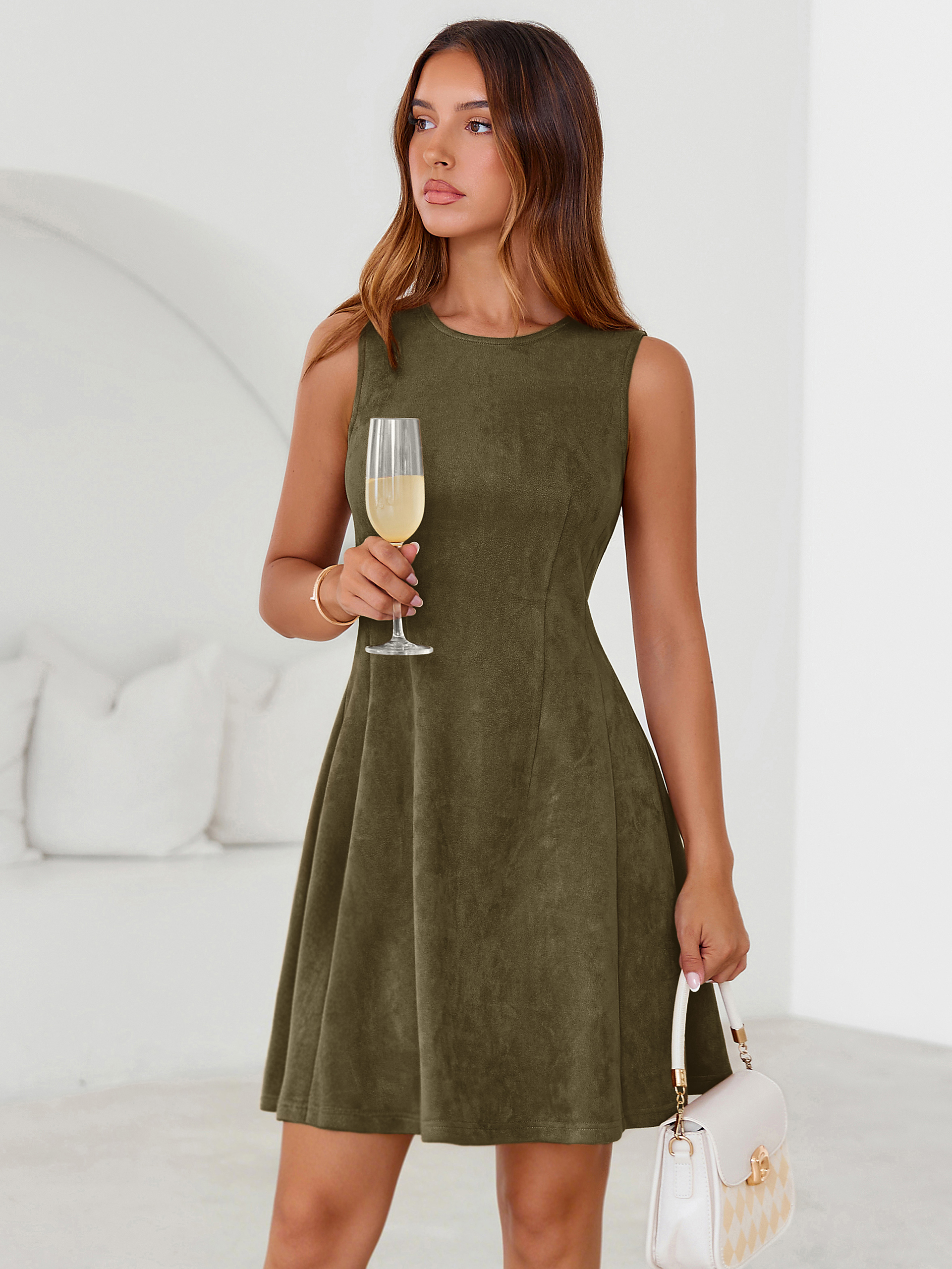 Faux Suede Sleeveless A Line Semi Formal Dress