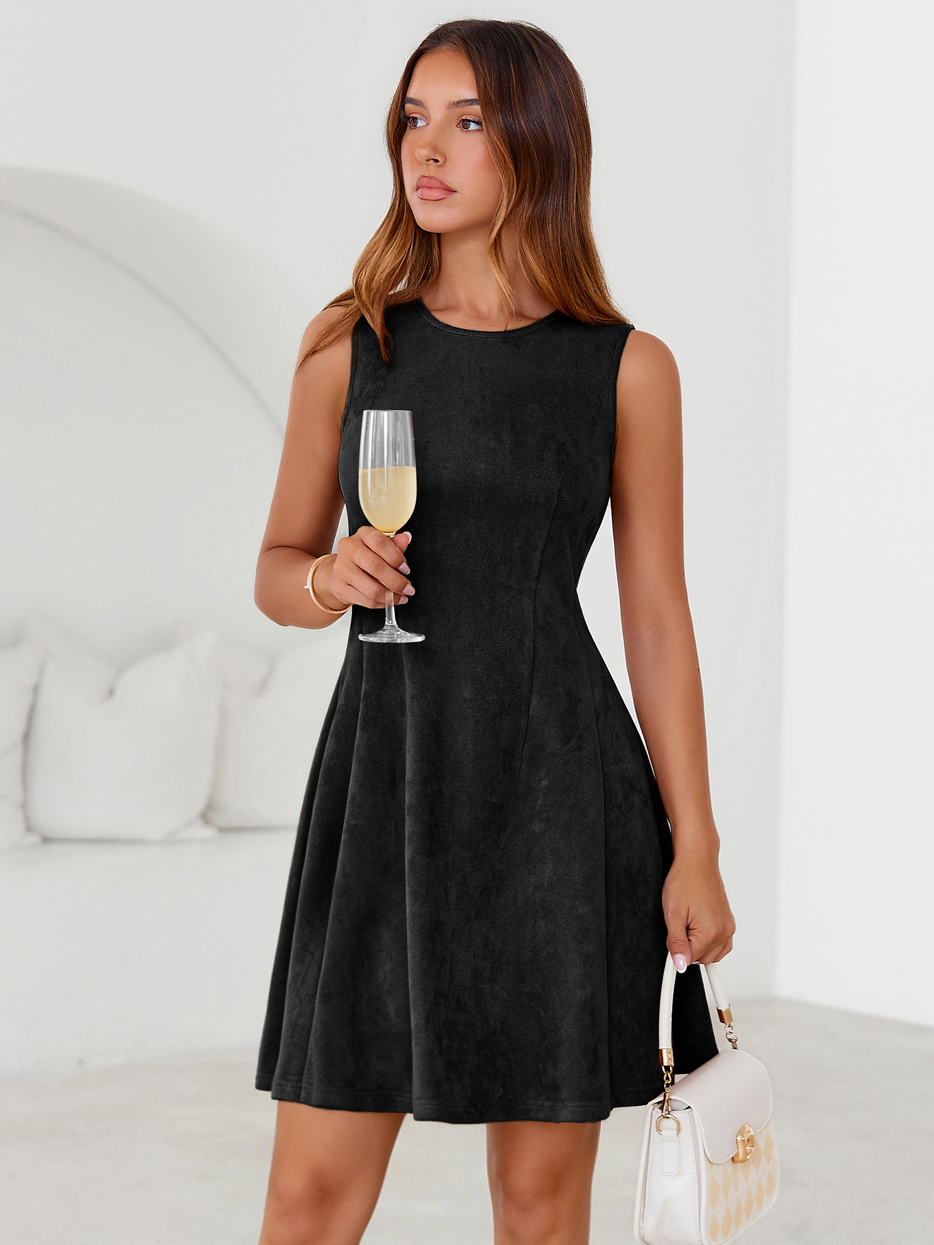 Faux Suede Sleeveless A Line Semi Formal Dress