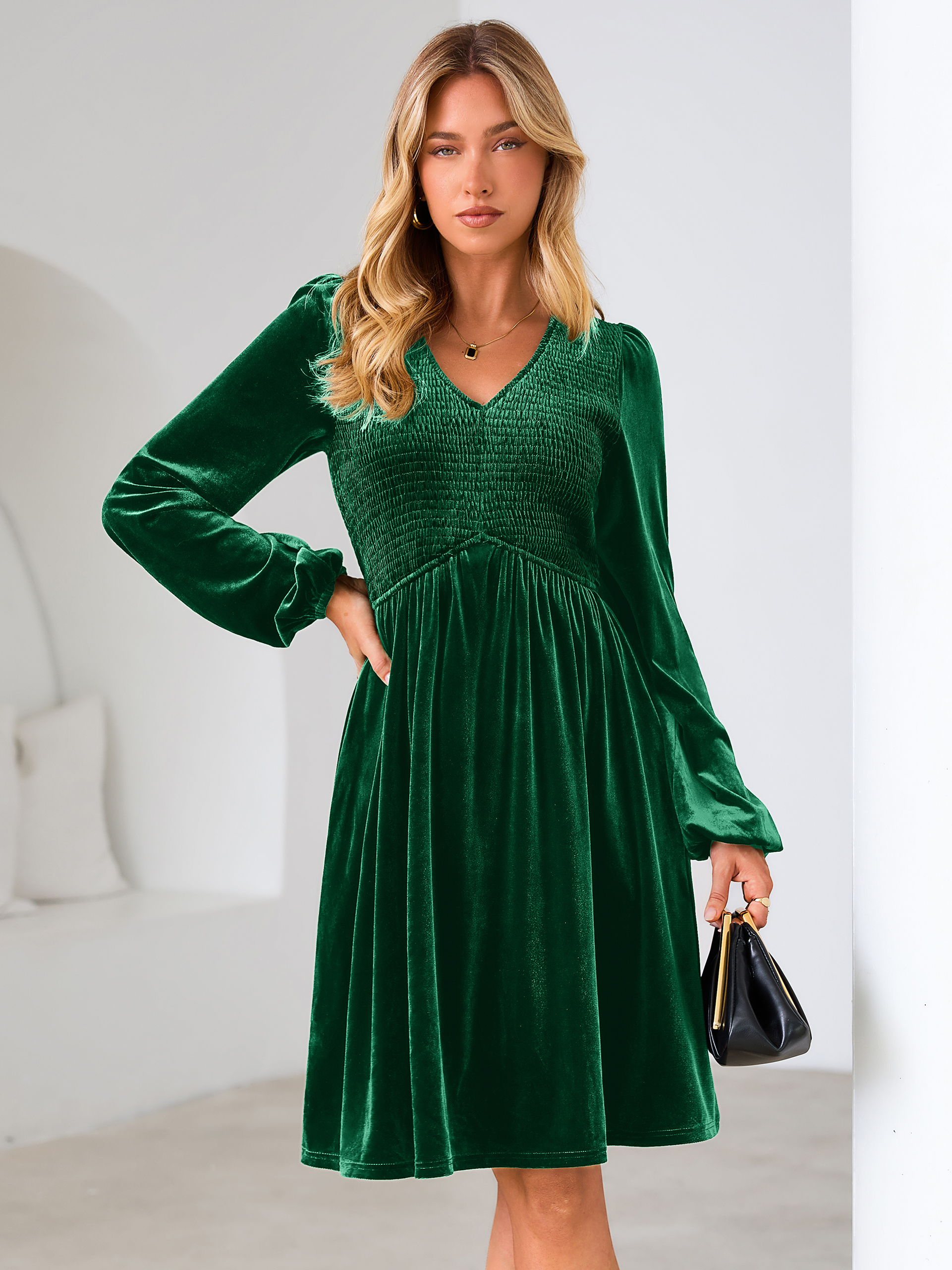 Velvet Smocked Bodice V Neck Long Sleeve Mini Dress - Dark Green