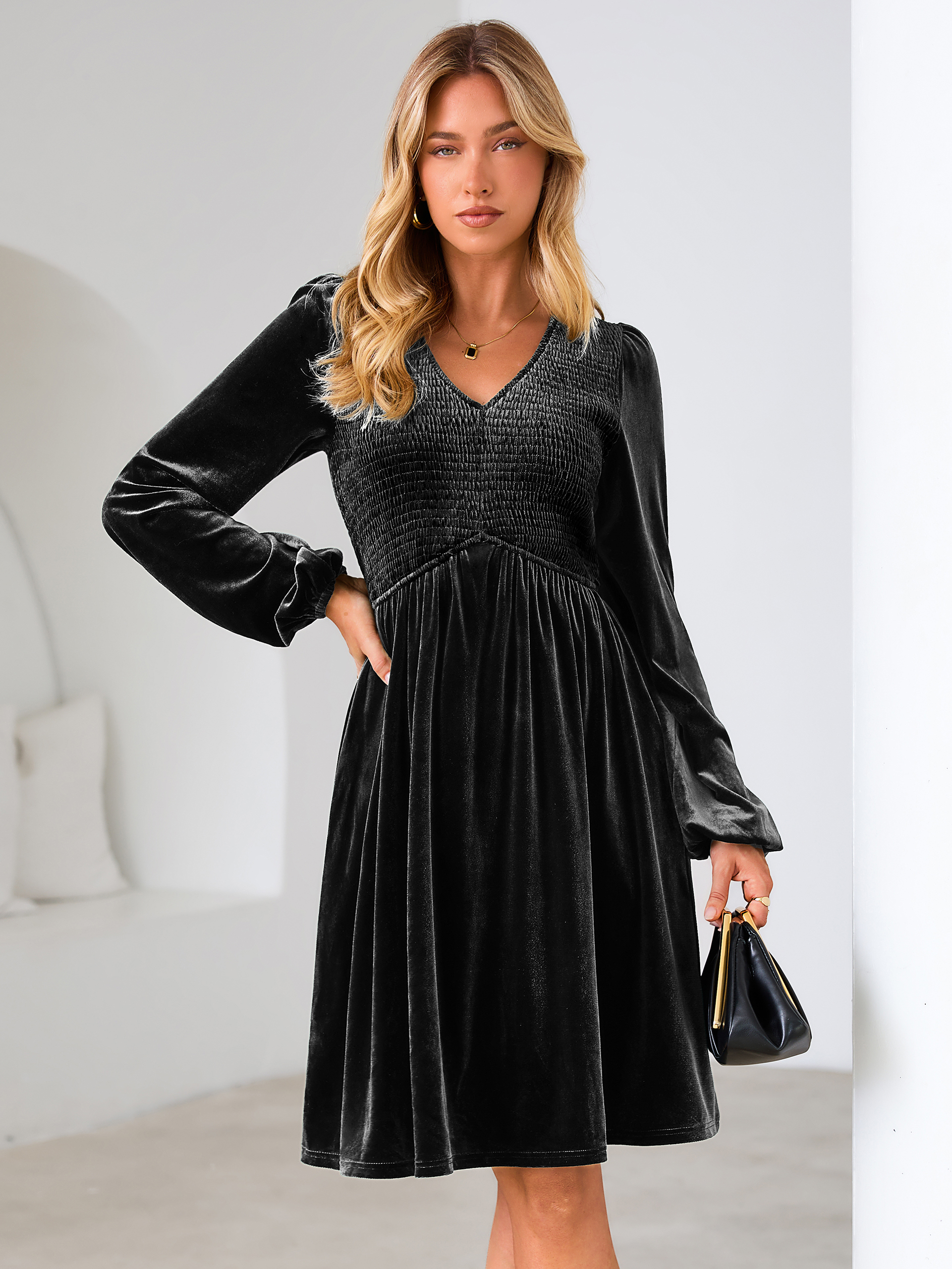 Velvet Smocked Bodice V Neck Long Sleeve Mini Dress - Black