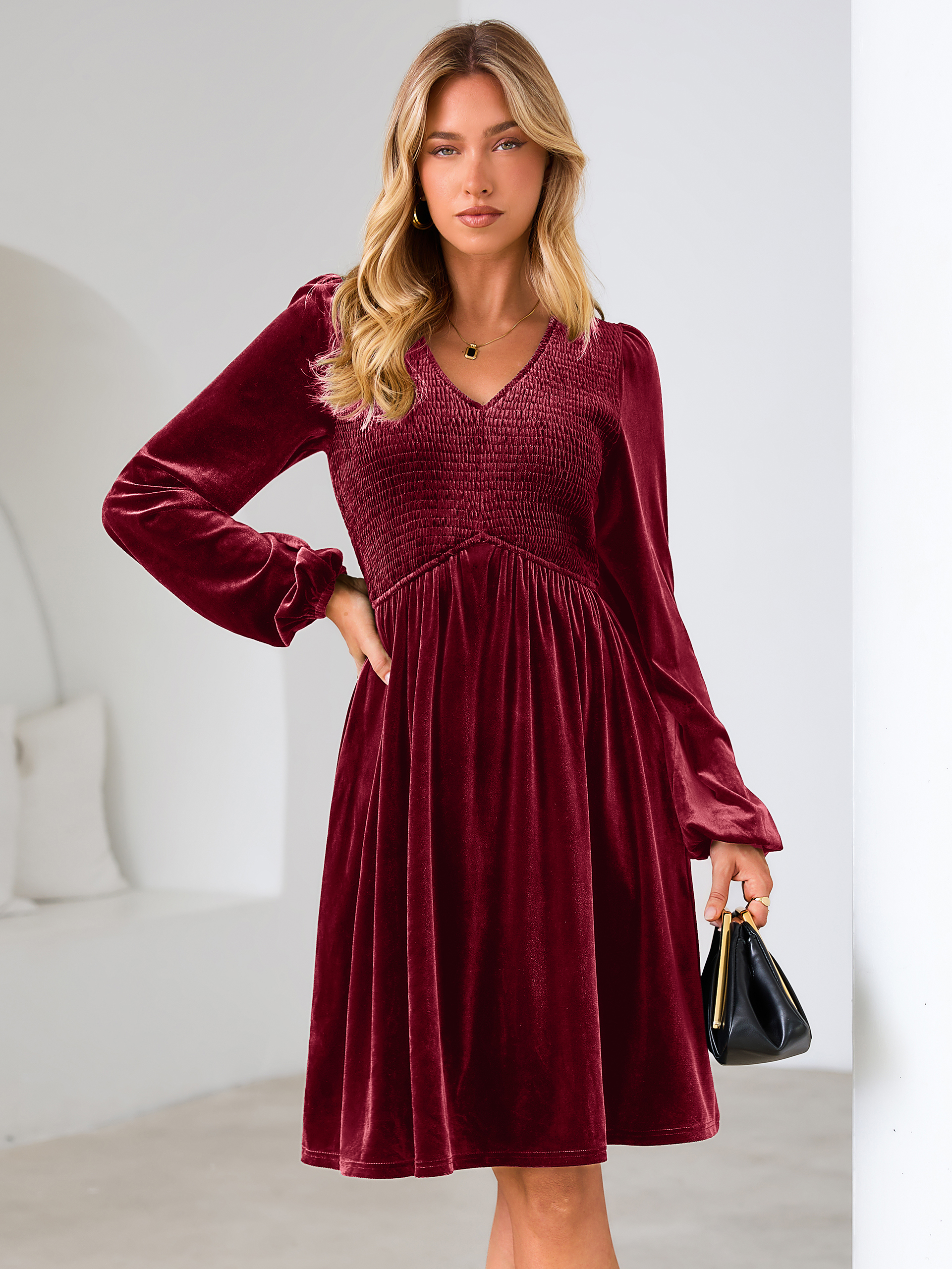 Velvet Smocked Bodice V Neck Long Sleeve Mini Dress - Wine Red