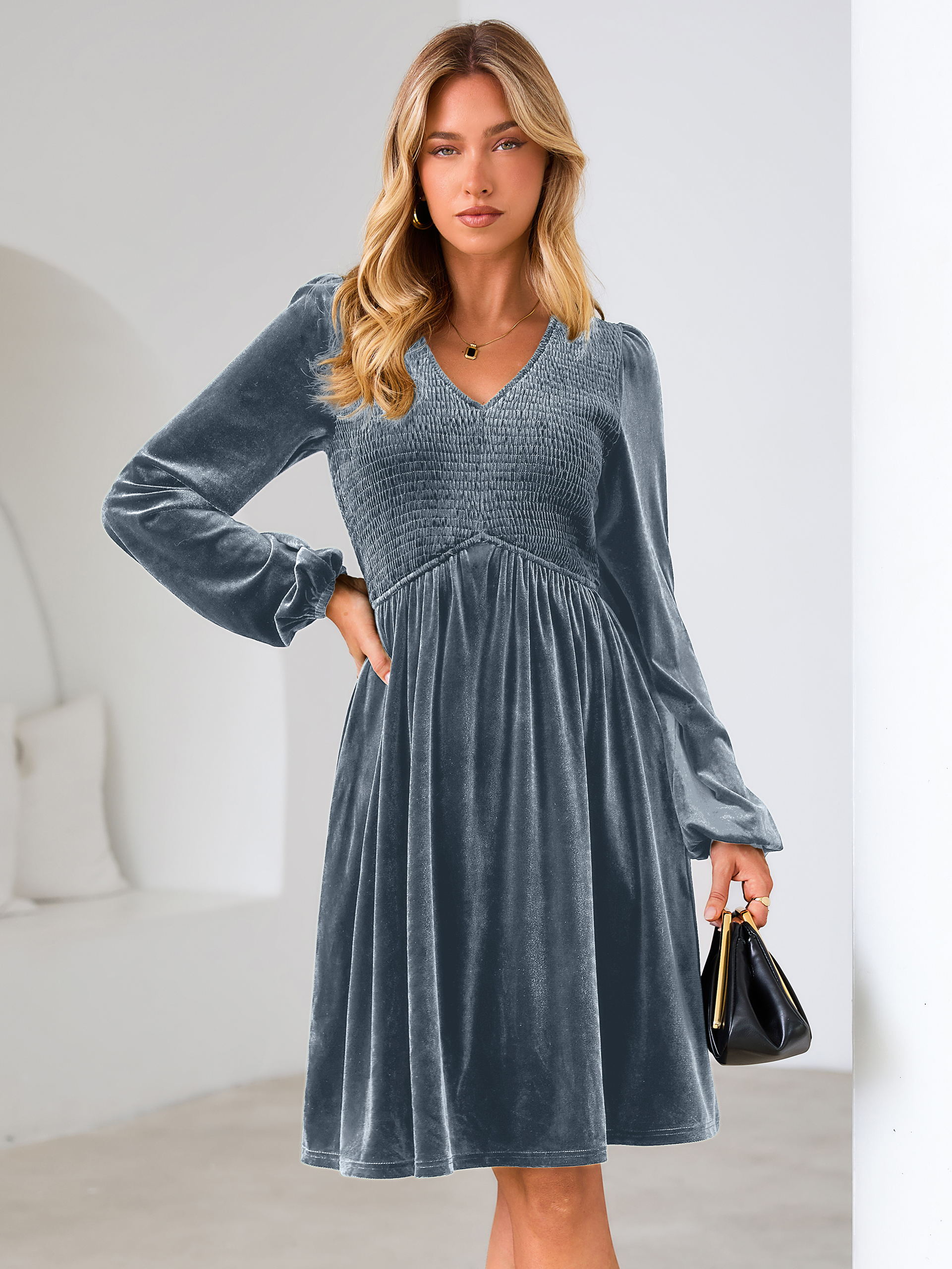 Velvet Smocked Bodice V Neck Long Sleeve Mini Dress - Dusty Blue