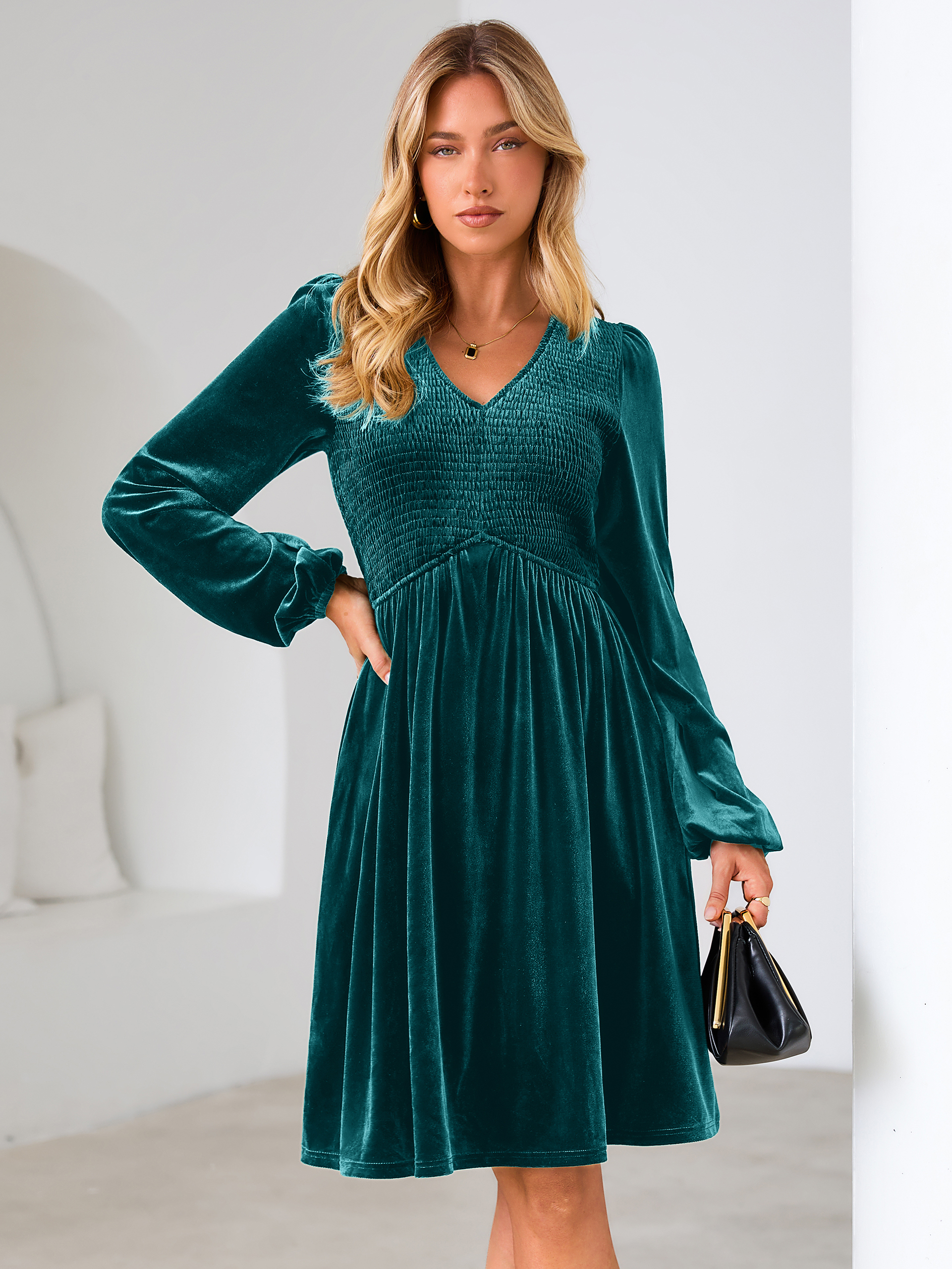 Velvet Smocked Bodice V Neck Long Sleeve Mini Dress - Teal Blue