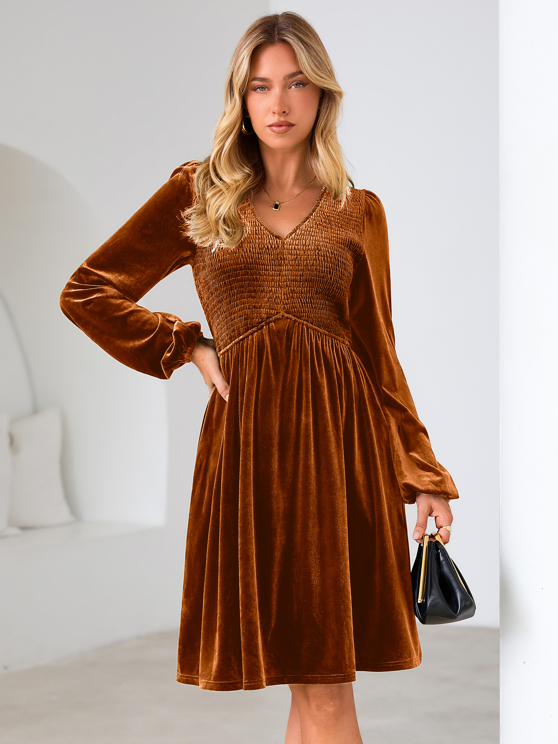 Velvet Smocked Bodice V Neck Long Sleeve Mini Dress - Burnt Orange