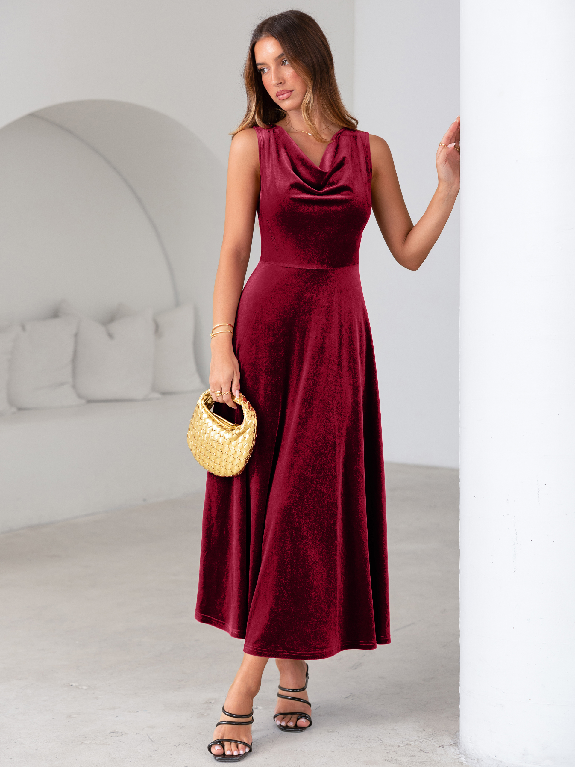 Velvet Cowl Neck Sleeveless A Line Maxi Dress