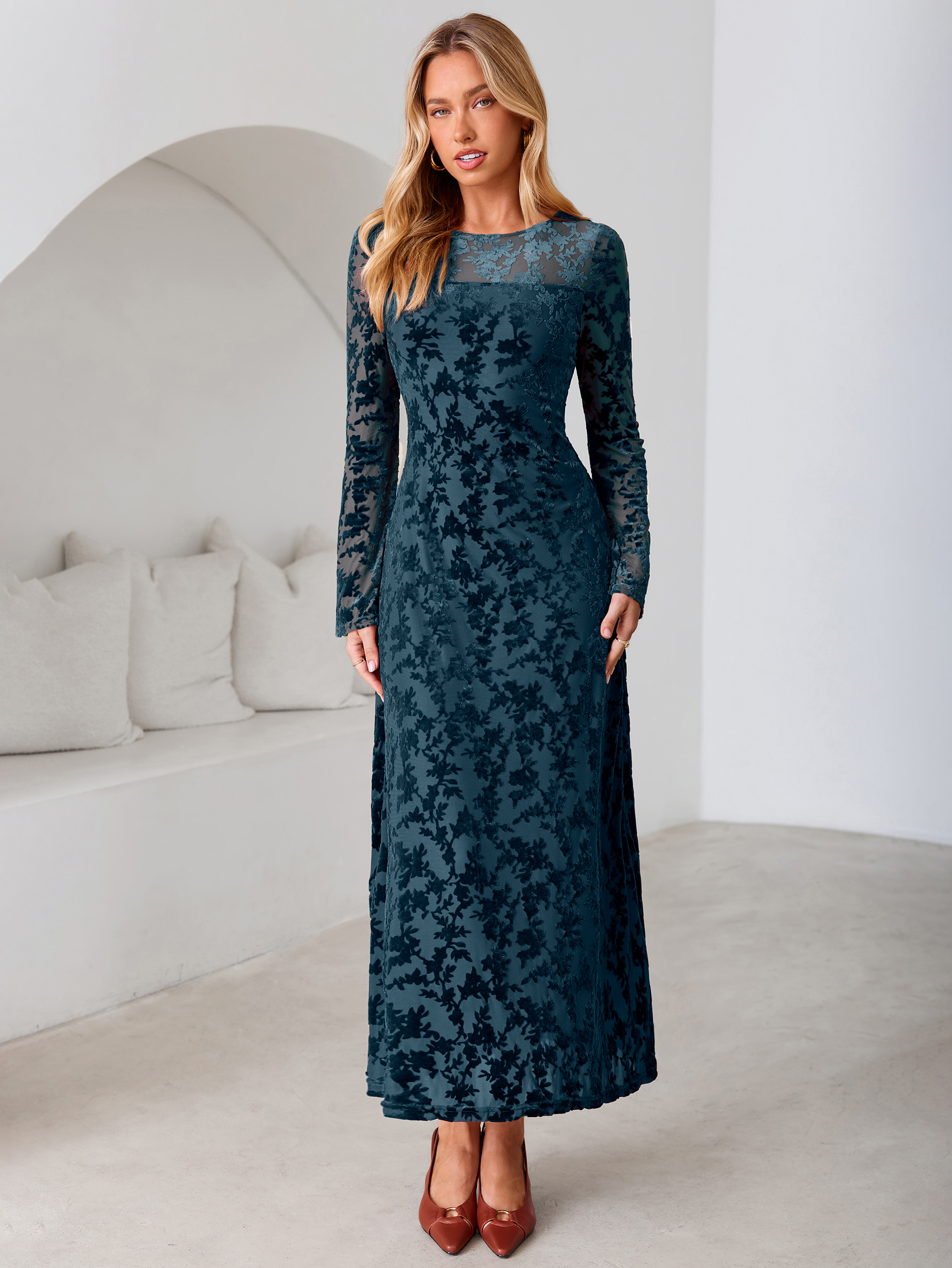 Floral Burnout Velvet Mesh Long Sleeve Maxi Dress