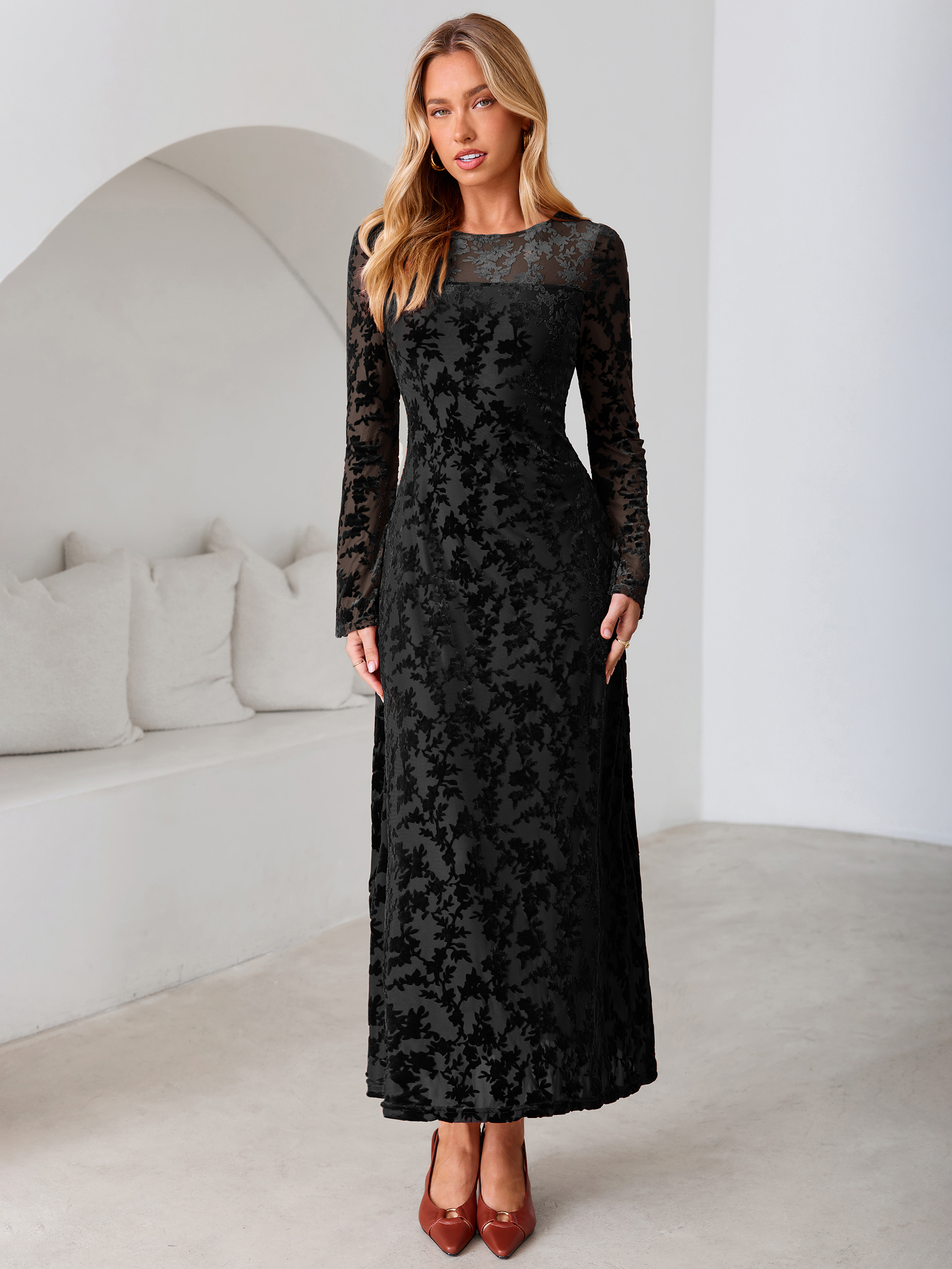 Floral Burnout Velvet Mesh Long Sleeve Maxi Dress