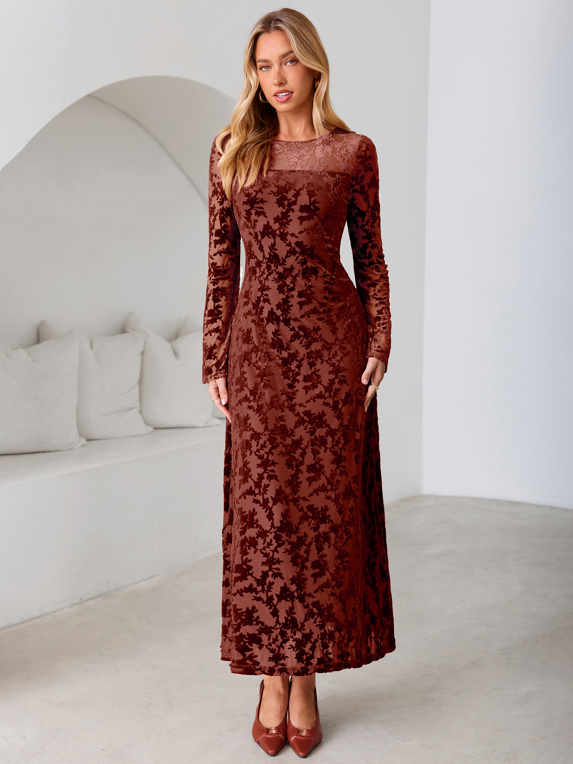 Floral Burnout Velvet Mesh Long Sleeve Maxi Dress