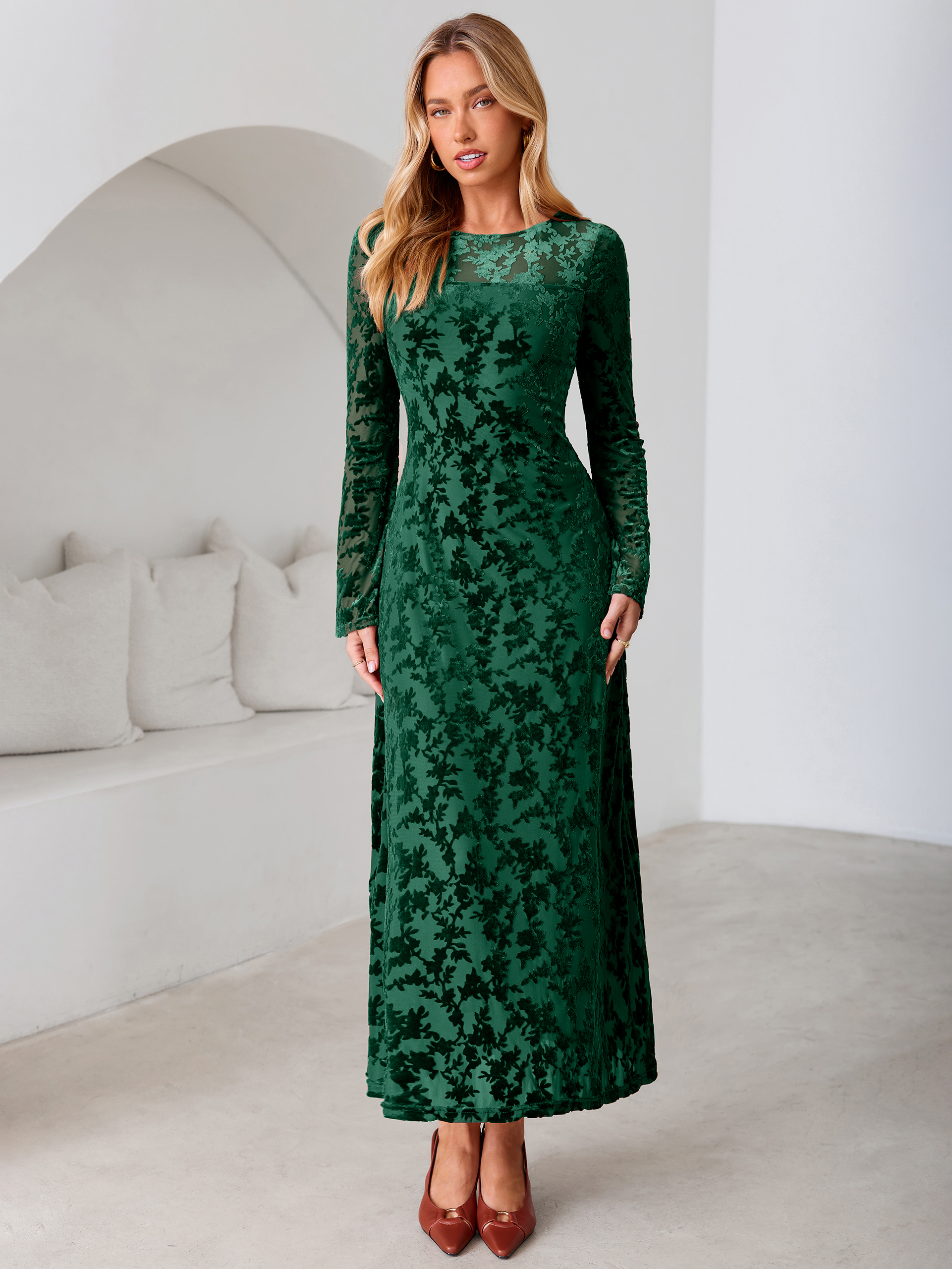Floral Burnout Velvet Mesh Long Sleeve Maxi Dress