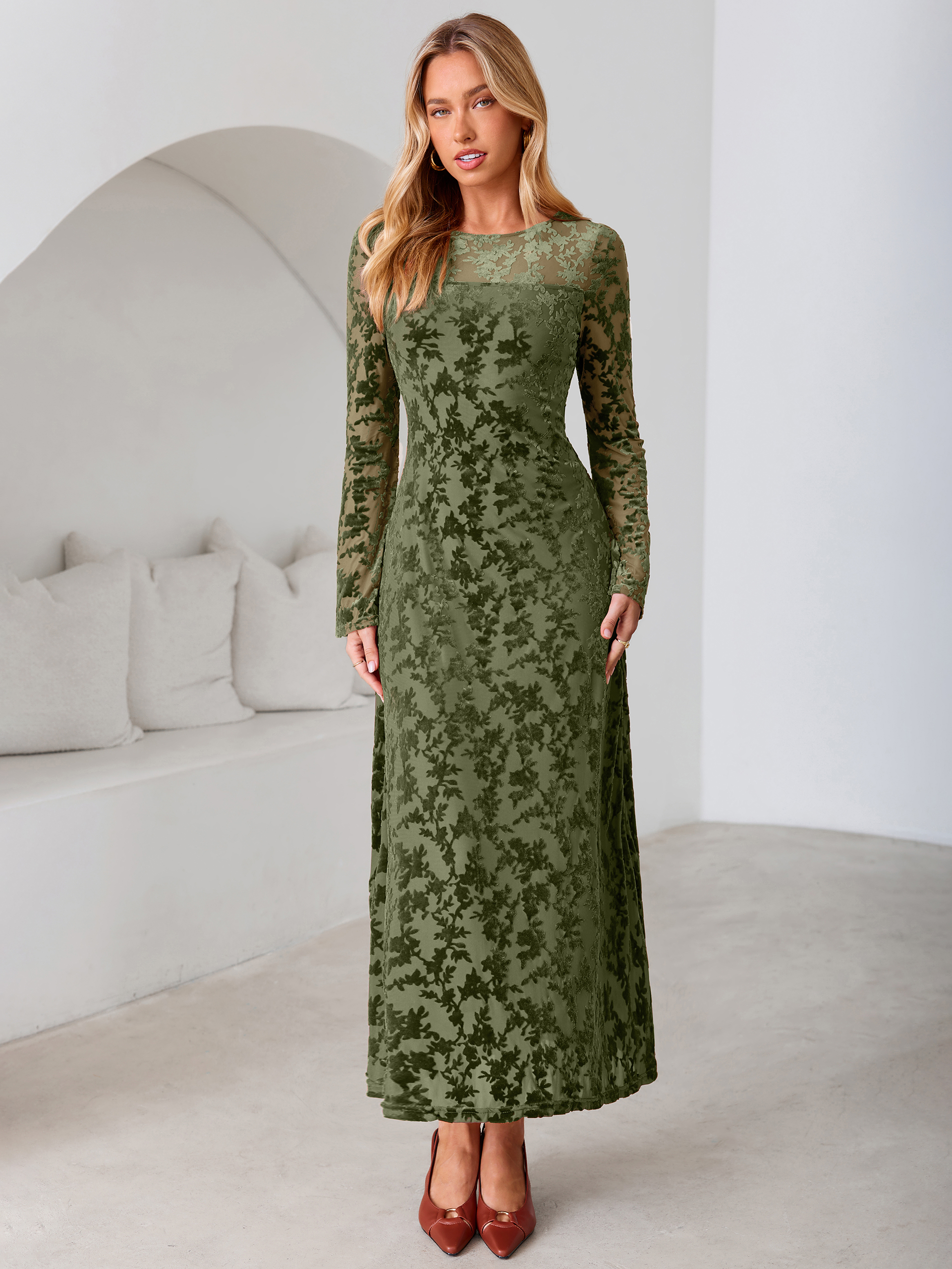 Floral Burnout Velvet Mesh Long Sleeve Maxi Dress