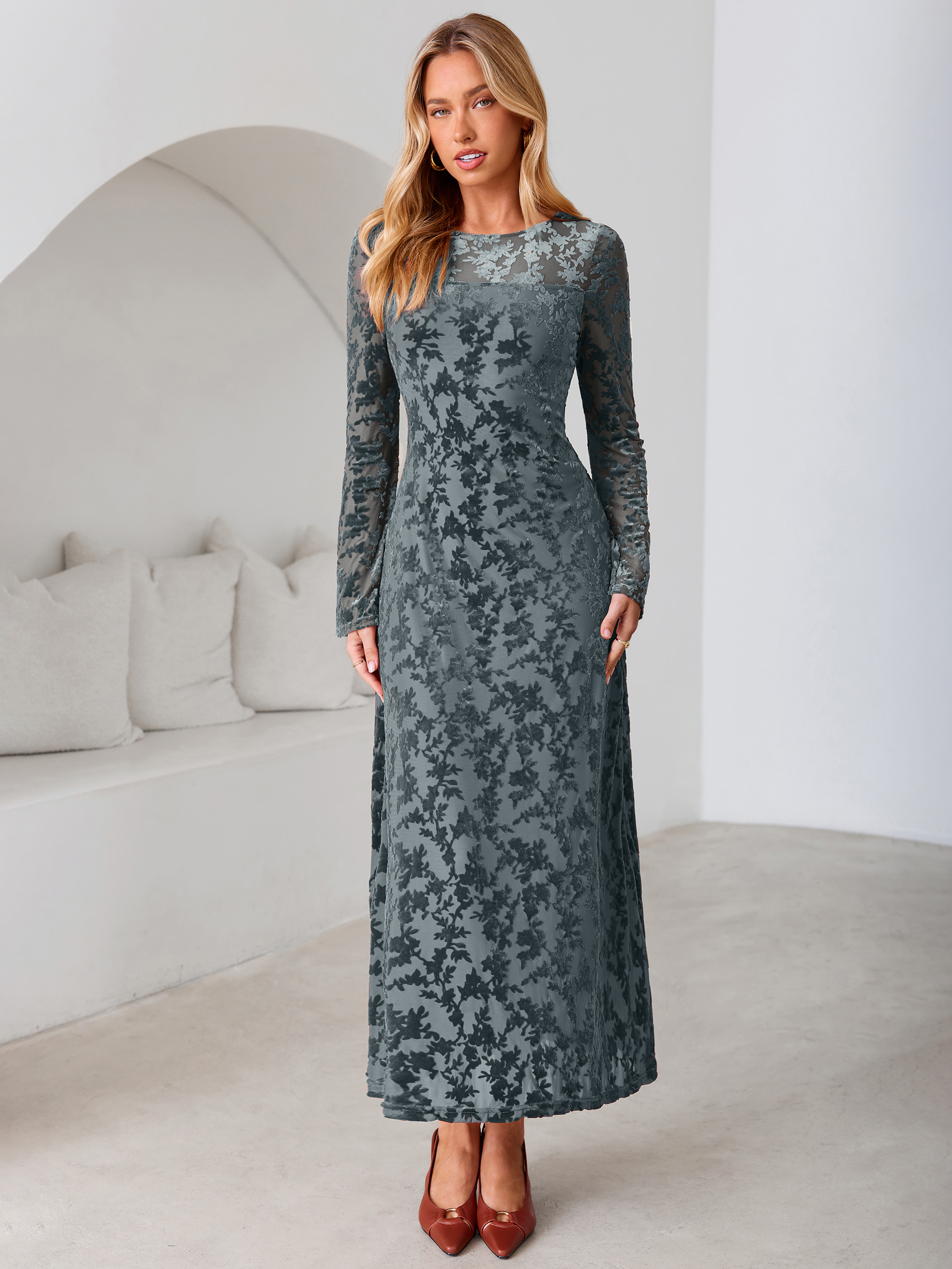 Floral Burnout Velvet Mesh Long Sleeve Maxi Dress
