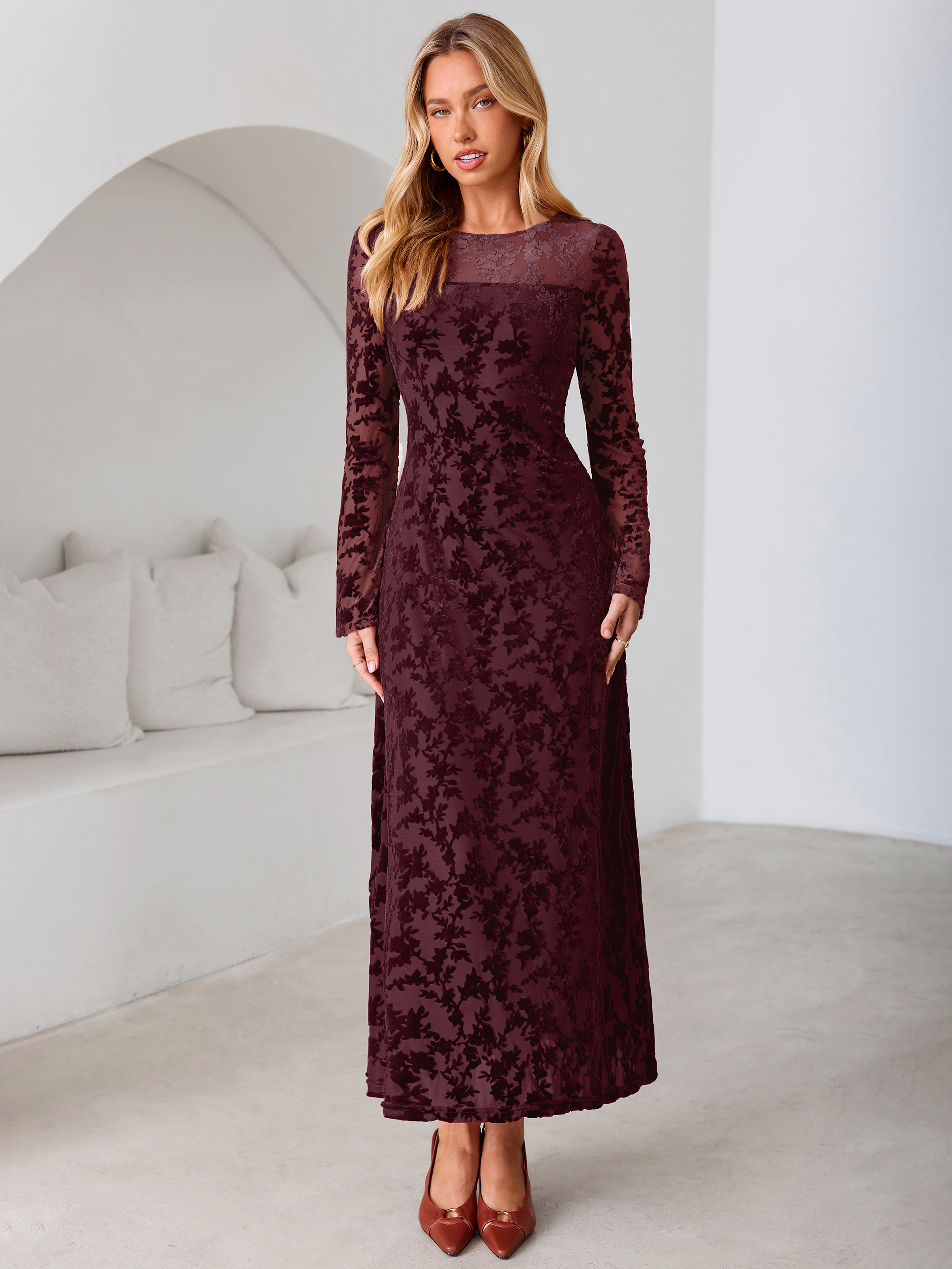Floral Burnout Velvet Mesh Long Sleeve Maxi Dress