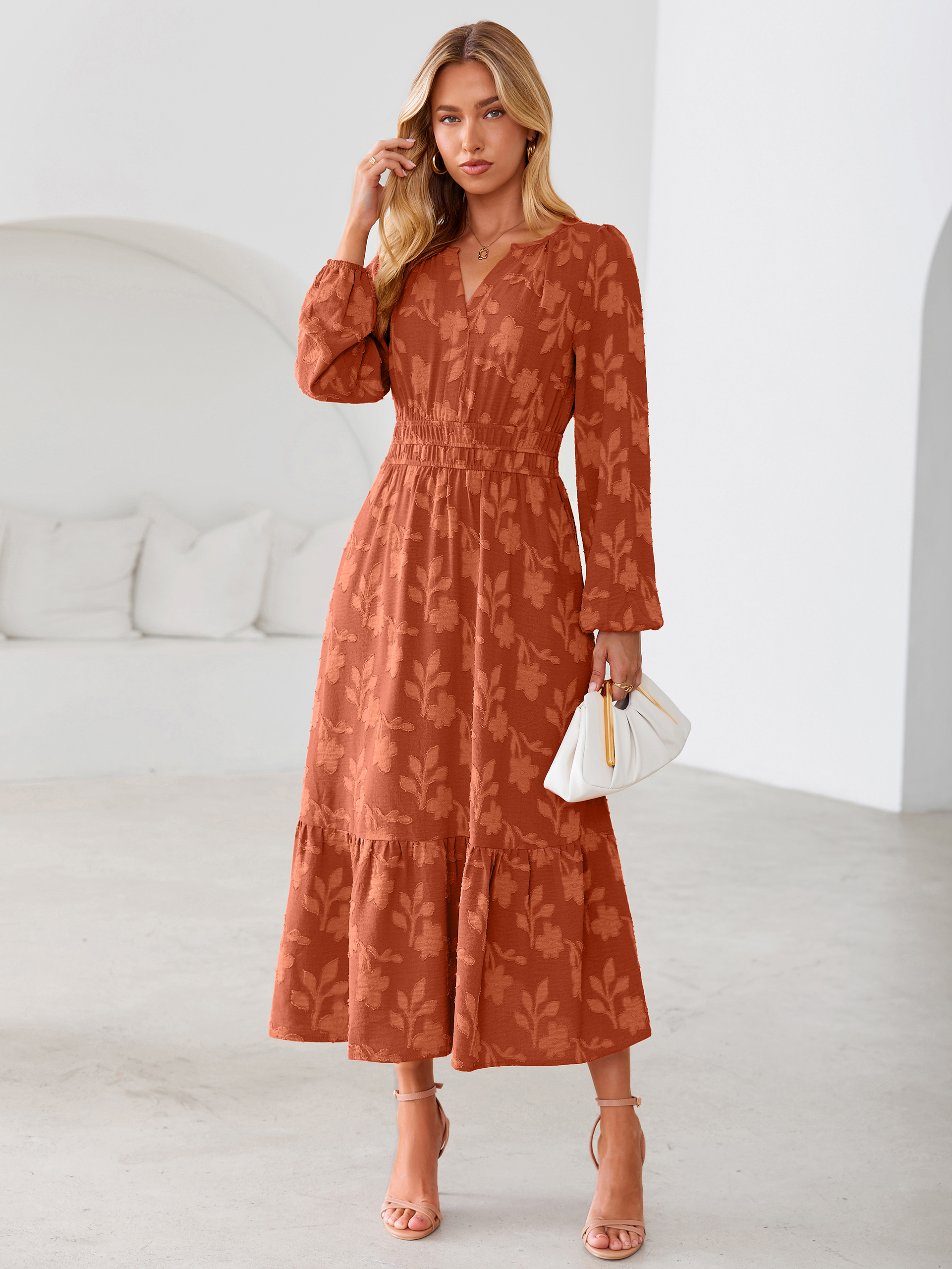 Floral Burnout V Neck Long Sleeve Maxi Dress