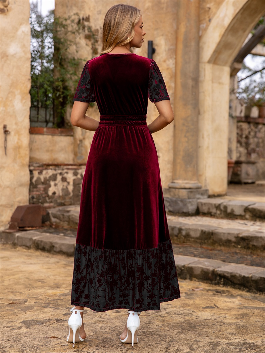 Velvet Floral Burnout V Neck Maxi Dress - Wine Red