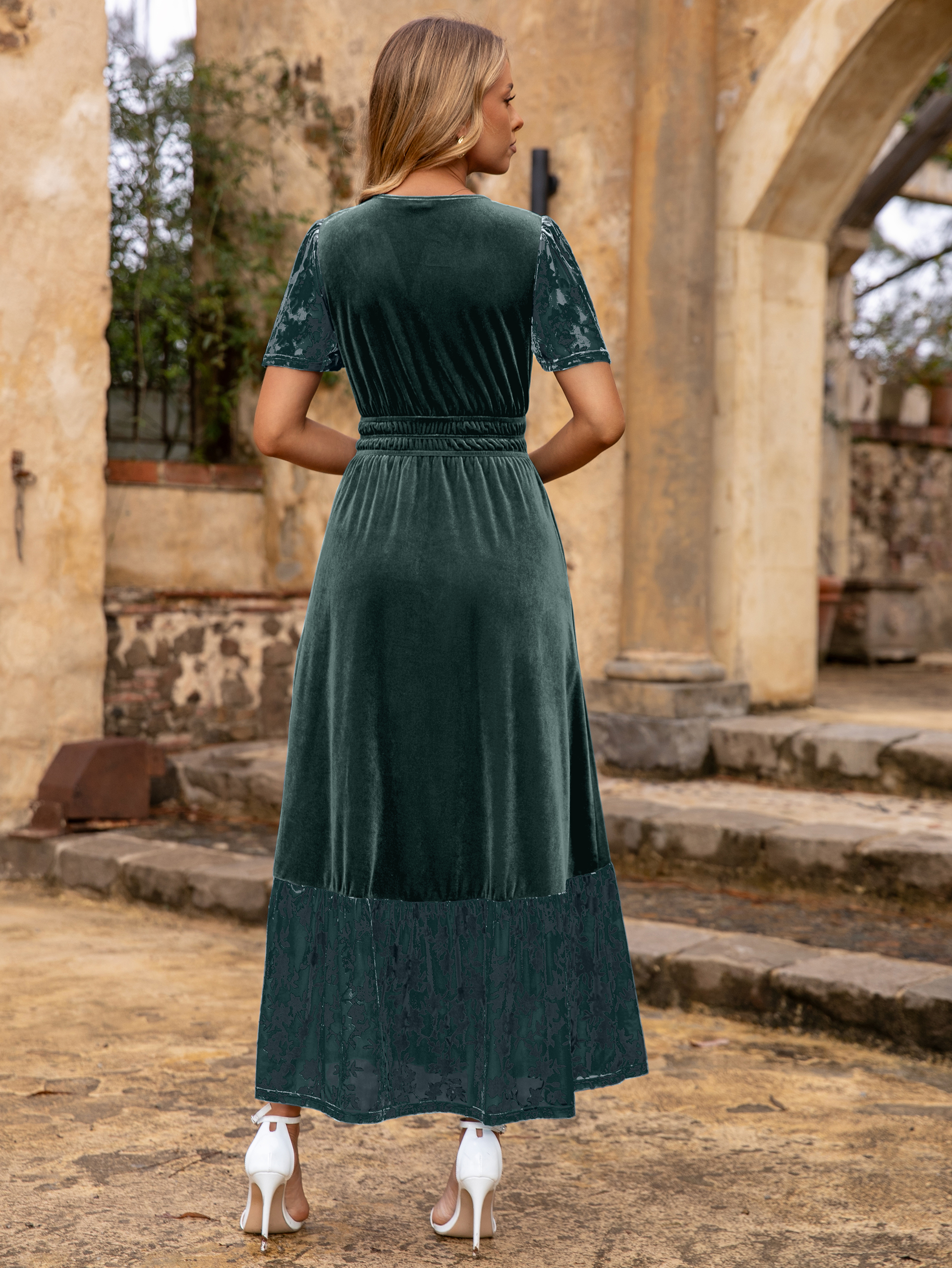 Velvet Floral Burnout V Neck Maxi Dress