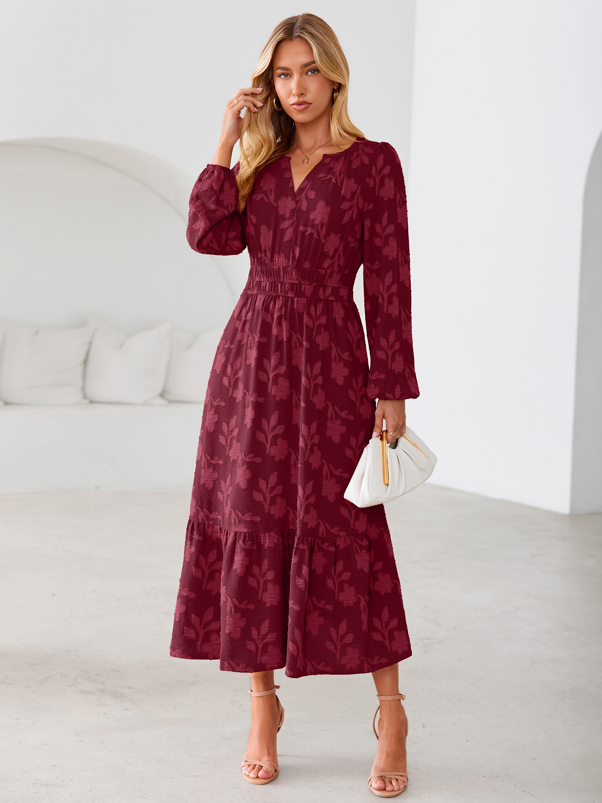 Floral Burnout V Neck Long Sleeve Maxi Dress