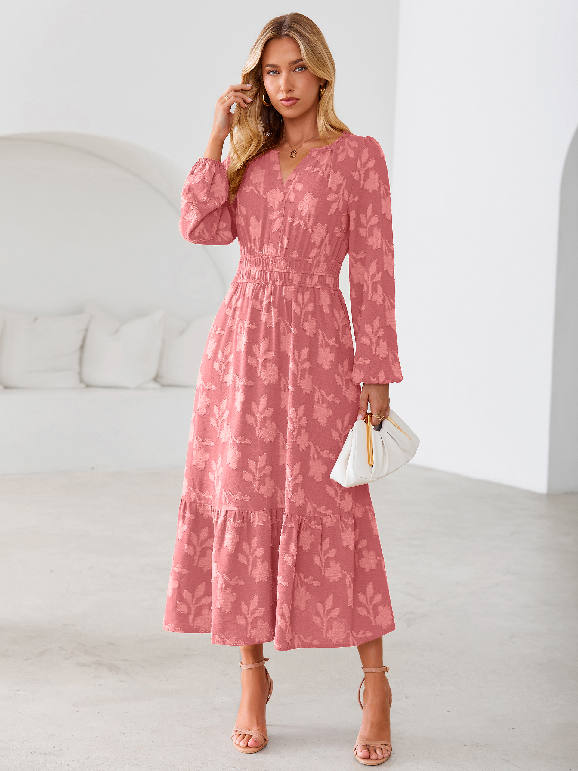 Floral Burnout V Neck Long Sleeve Maxi Dress