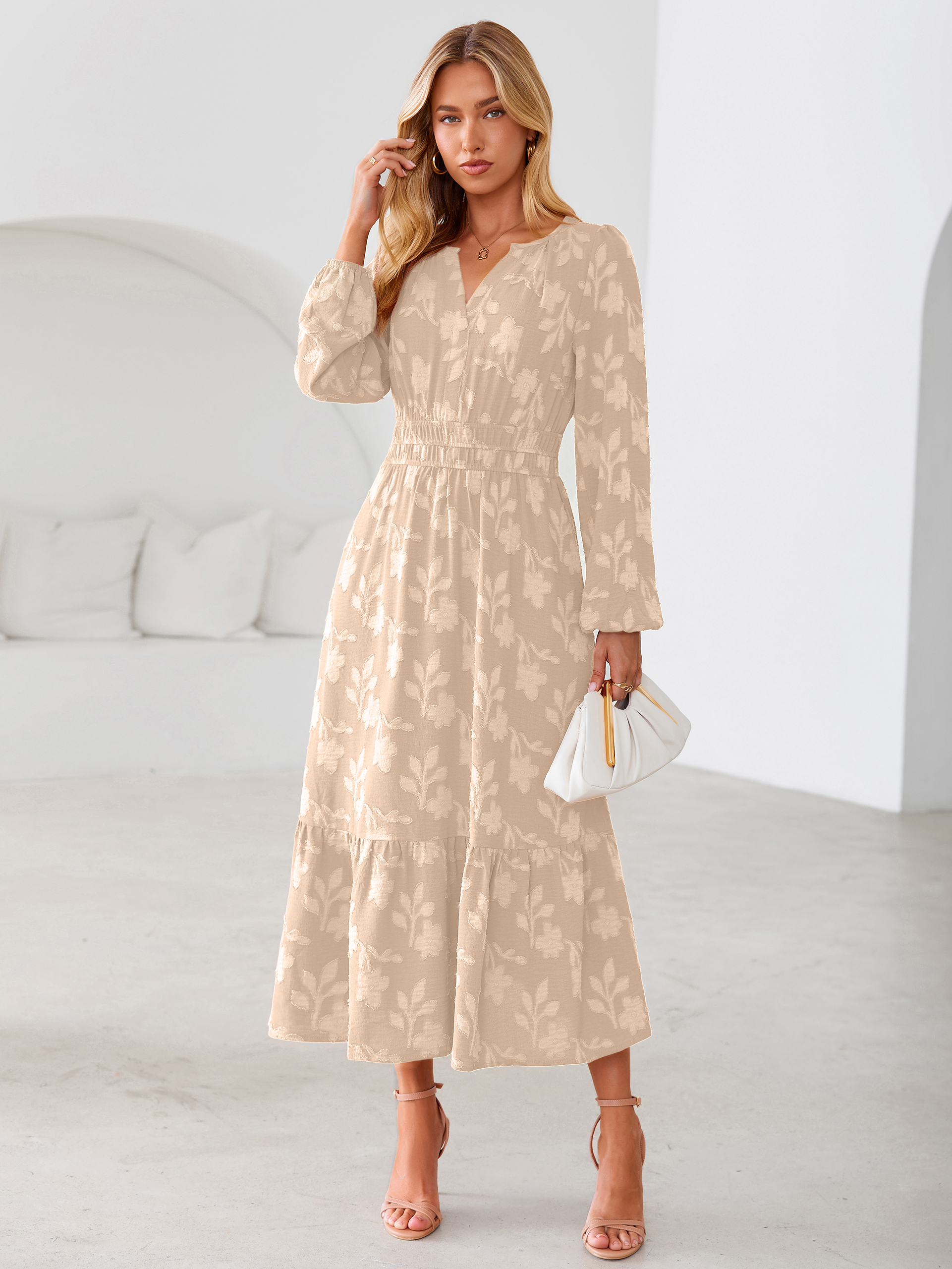 Floral Burnout V Neck Long Sleeve Maxi Dress