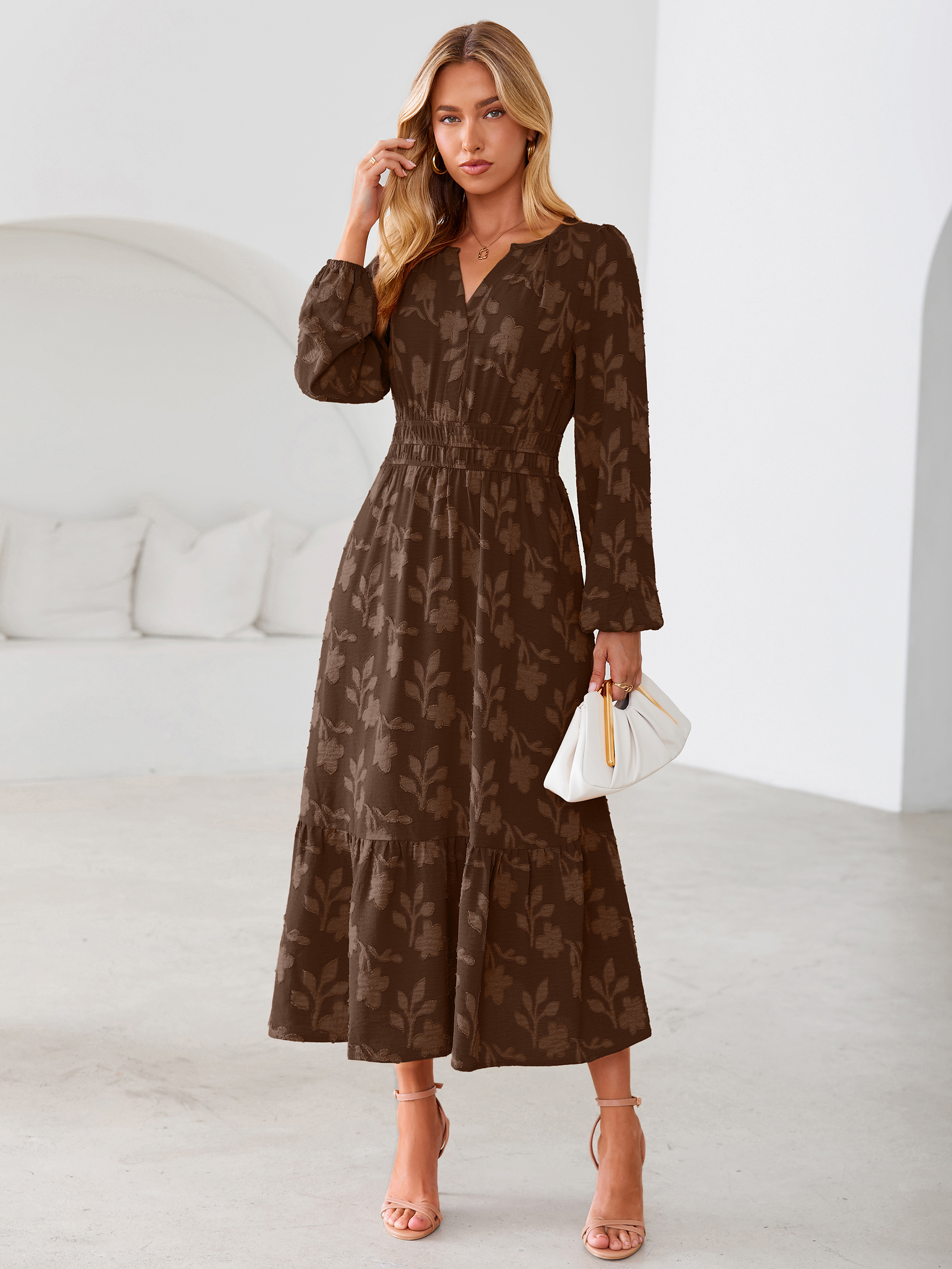 Floral Burnout V Neck Long Sleeve Maxi Dress