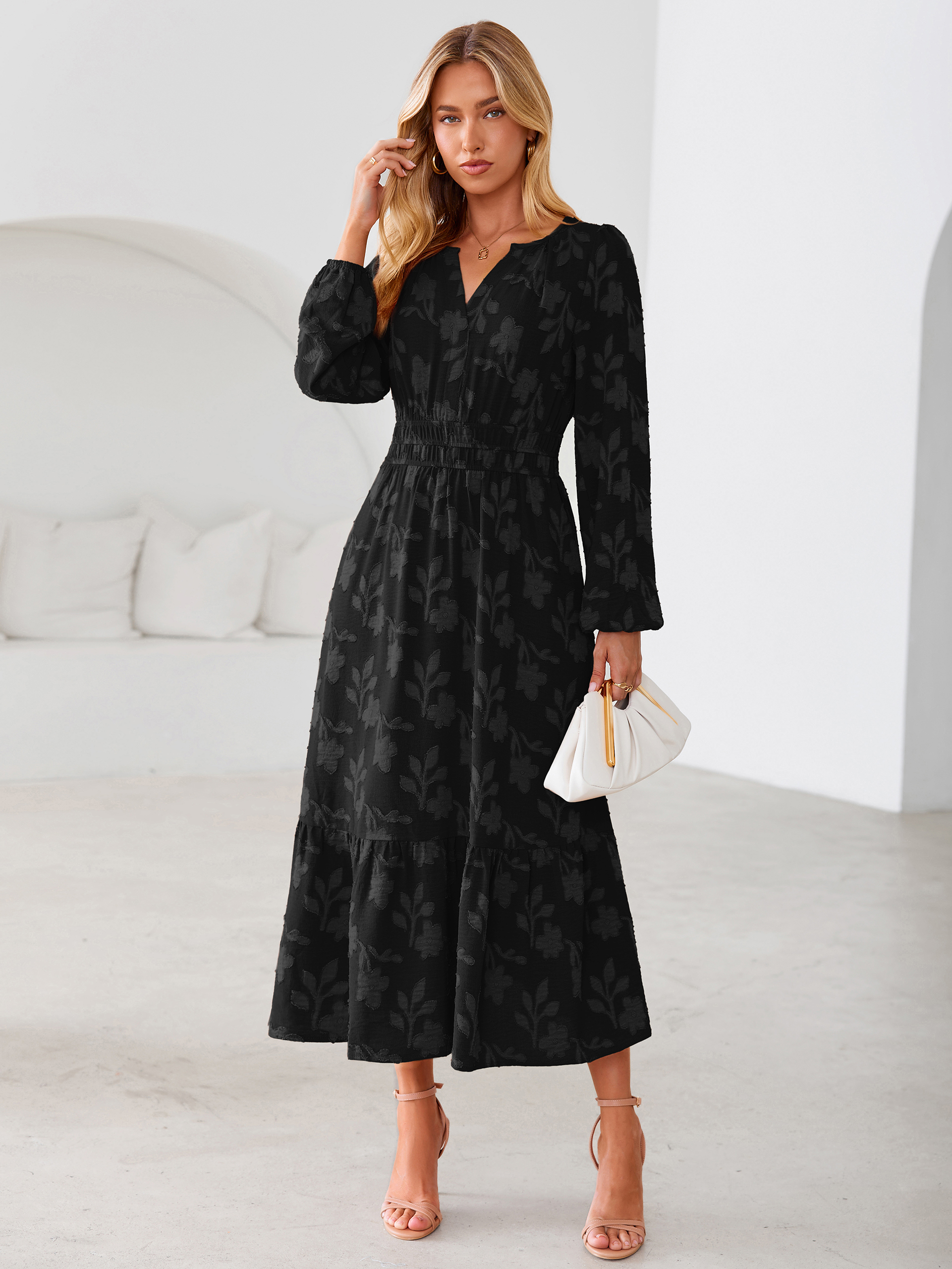 Floral Burnout V Neck Long Sleeve Maxi Dress