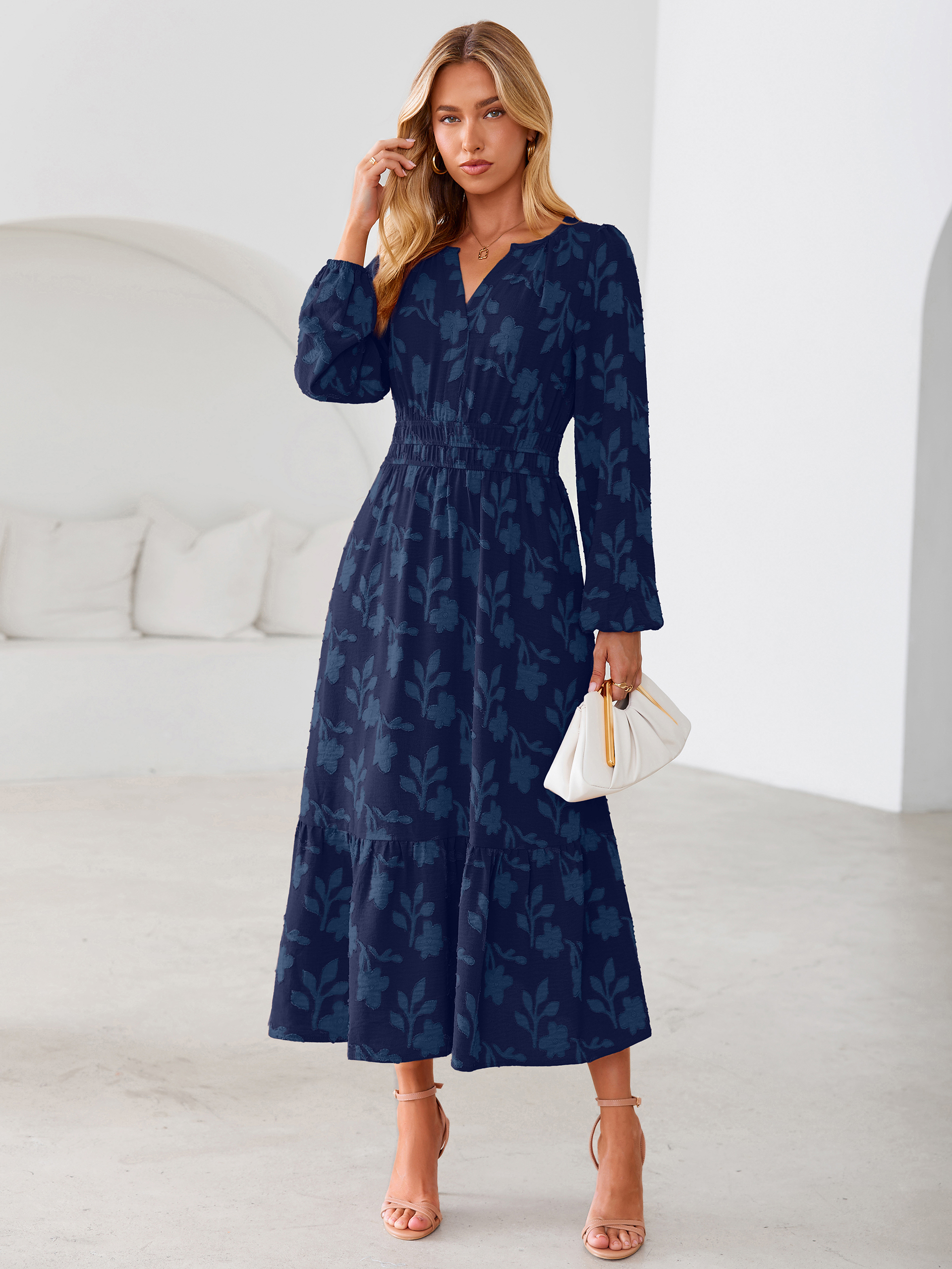 Floral Burnout V Neck Long Sleeve Maxi Dress