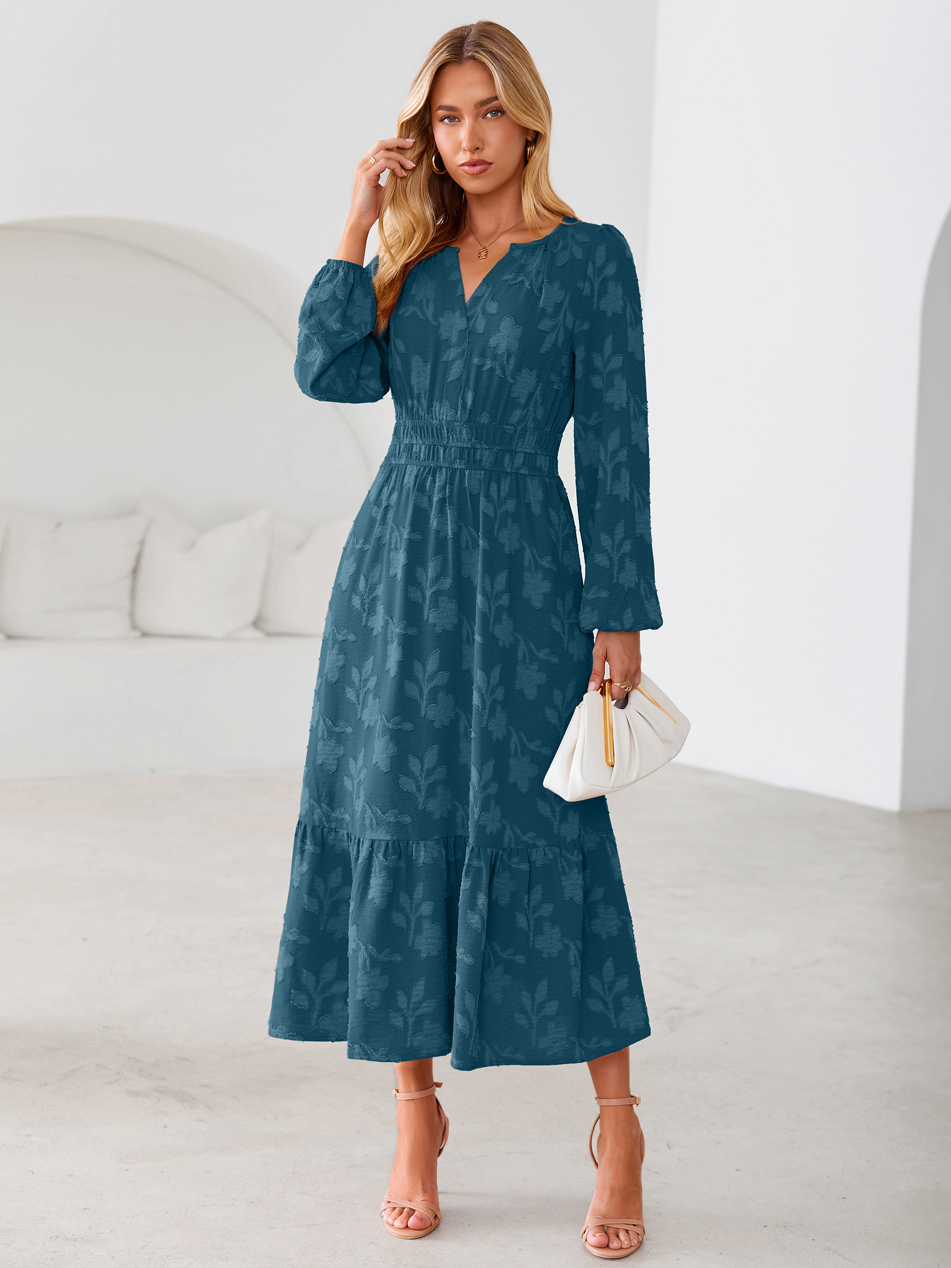 Floral Burnout V Neck Long Sleeve Maxi Dress