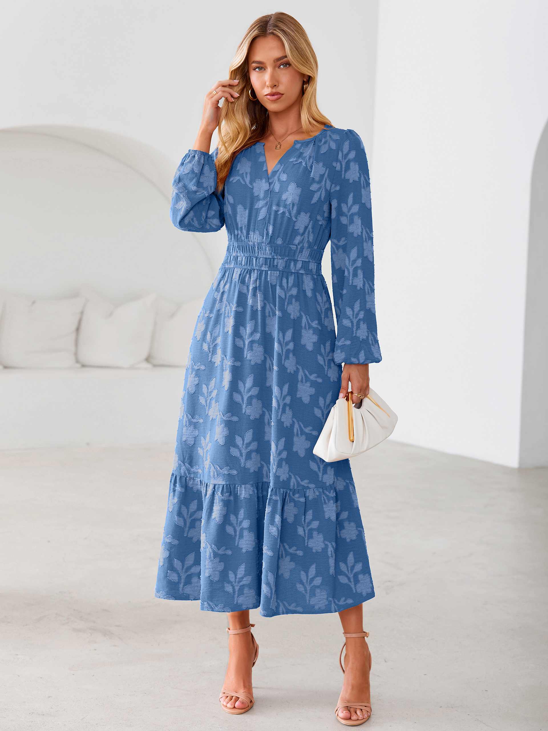 Floral Burnout V Neck Long Sleeve Maxi Dress