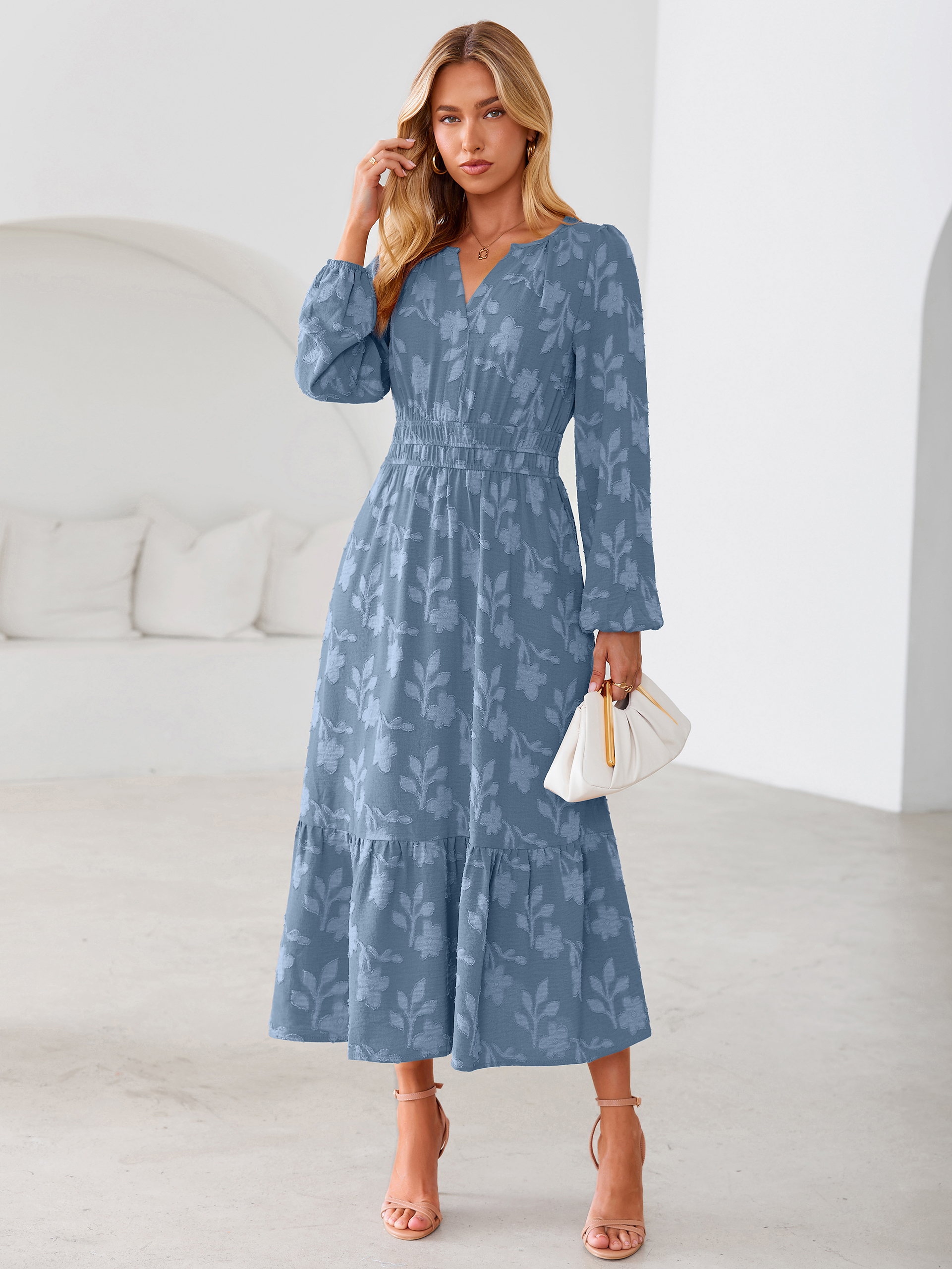 Floral Burnout V Neck Long Sleeve Maxi Dress
