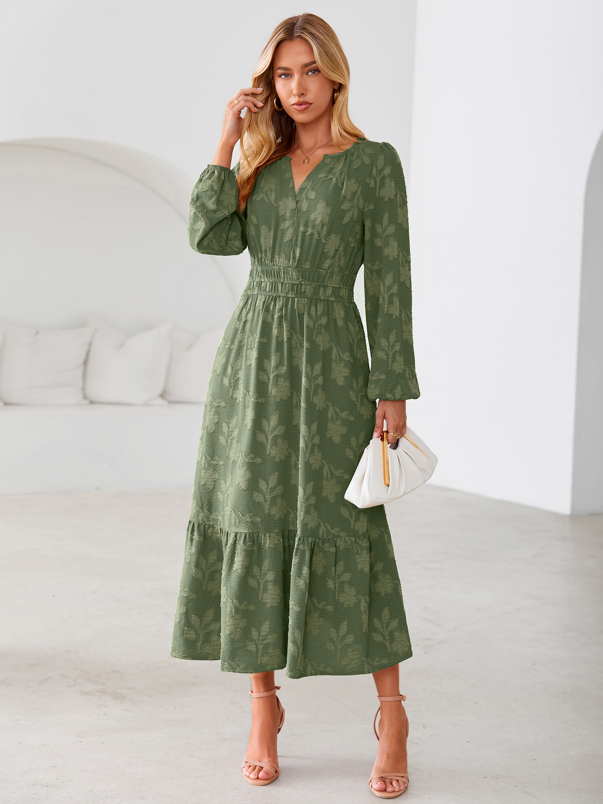 Floral Burnout V Neck Long Sleeve Maxi Dress