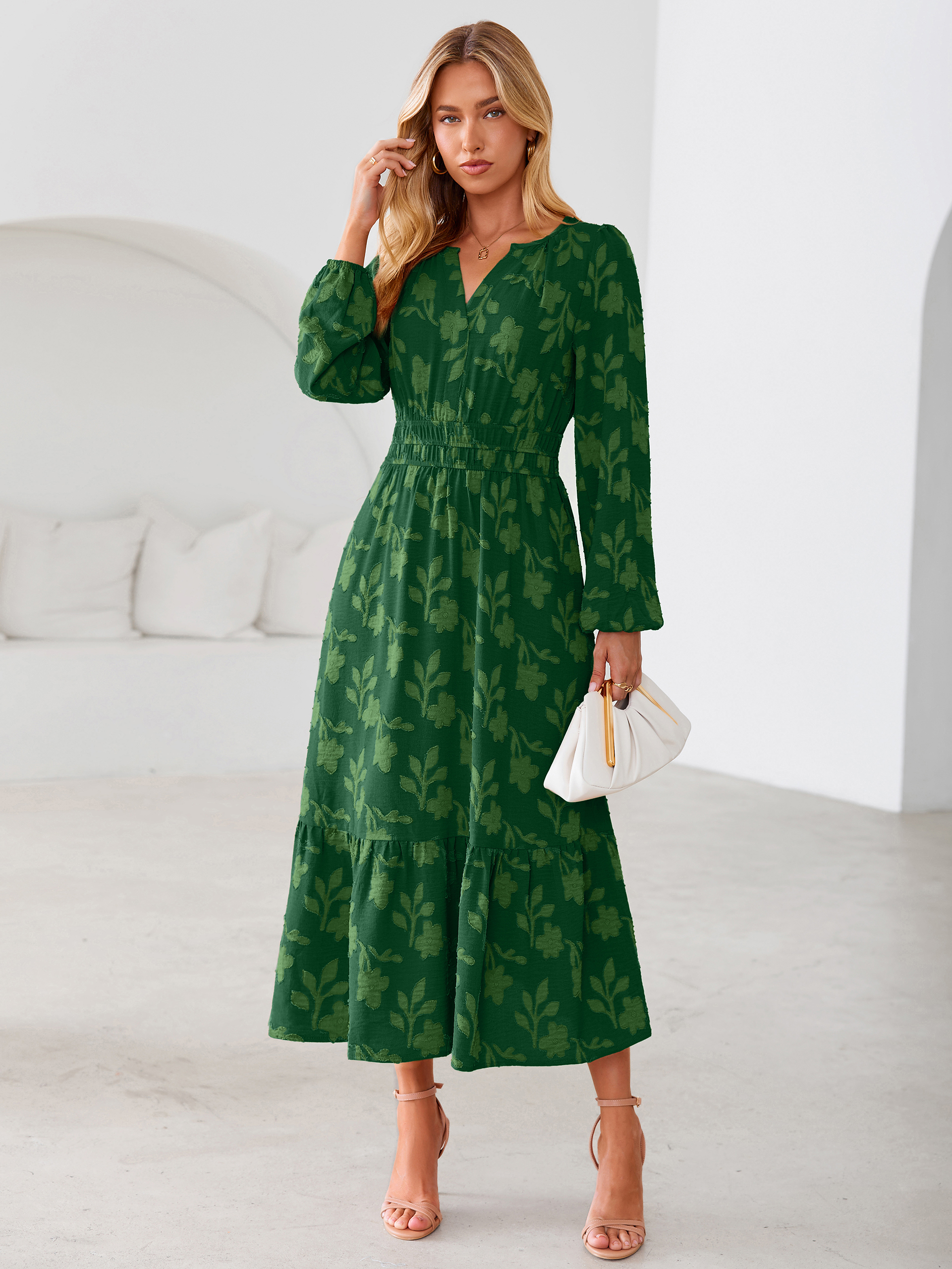 Floral Burnout V Neck Long Sleeve Maxi Dress