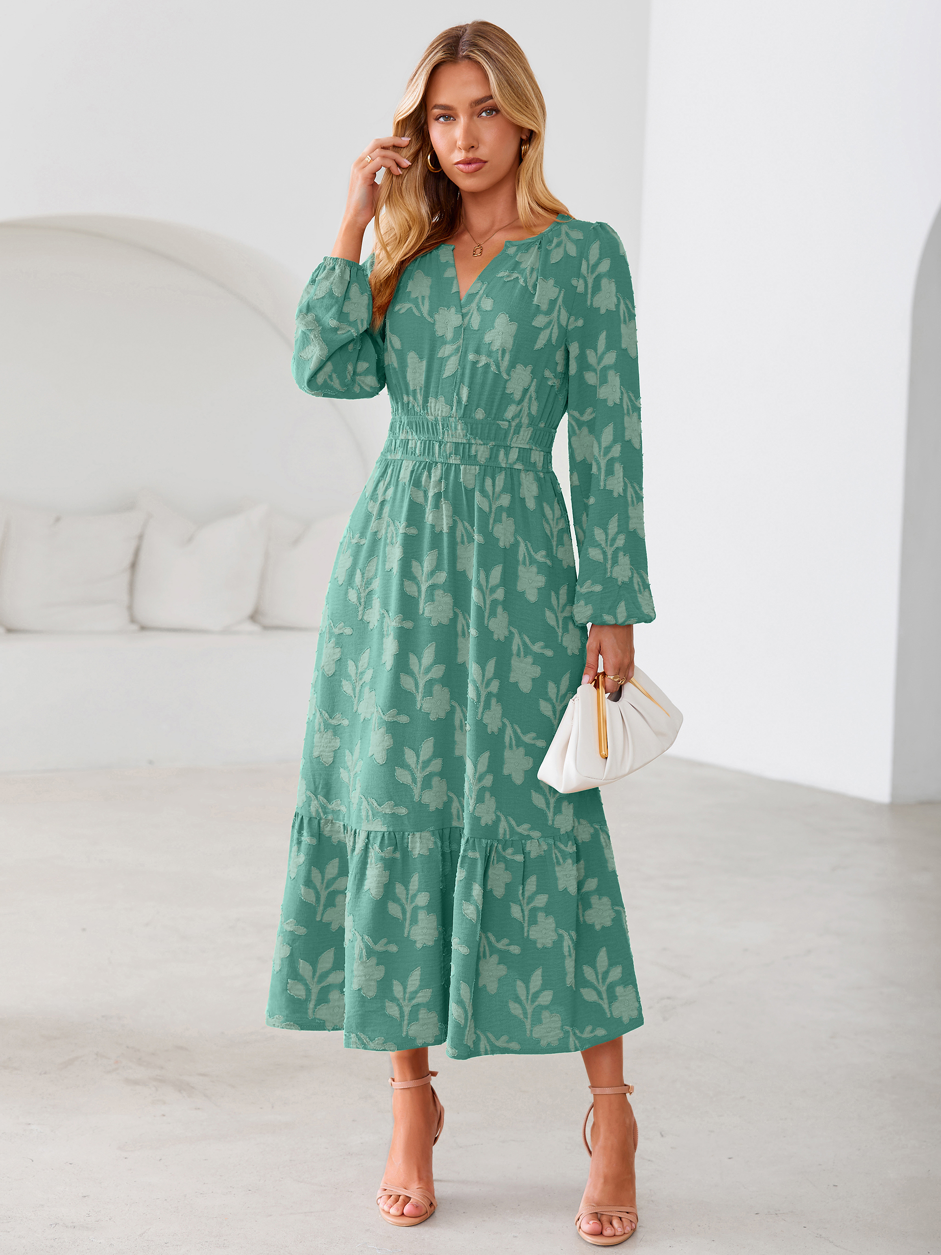 Floral Burnout V Neck Long Sleeve Maxi Dress