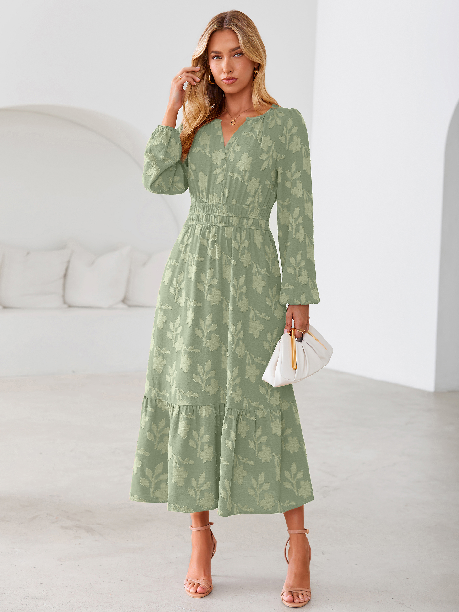 Floral Burnout V Neck Long Sleeve Maxi Dress