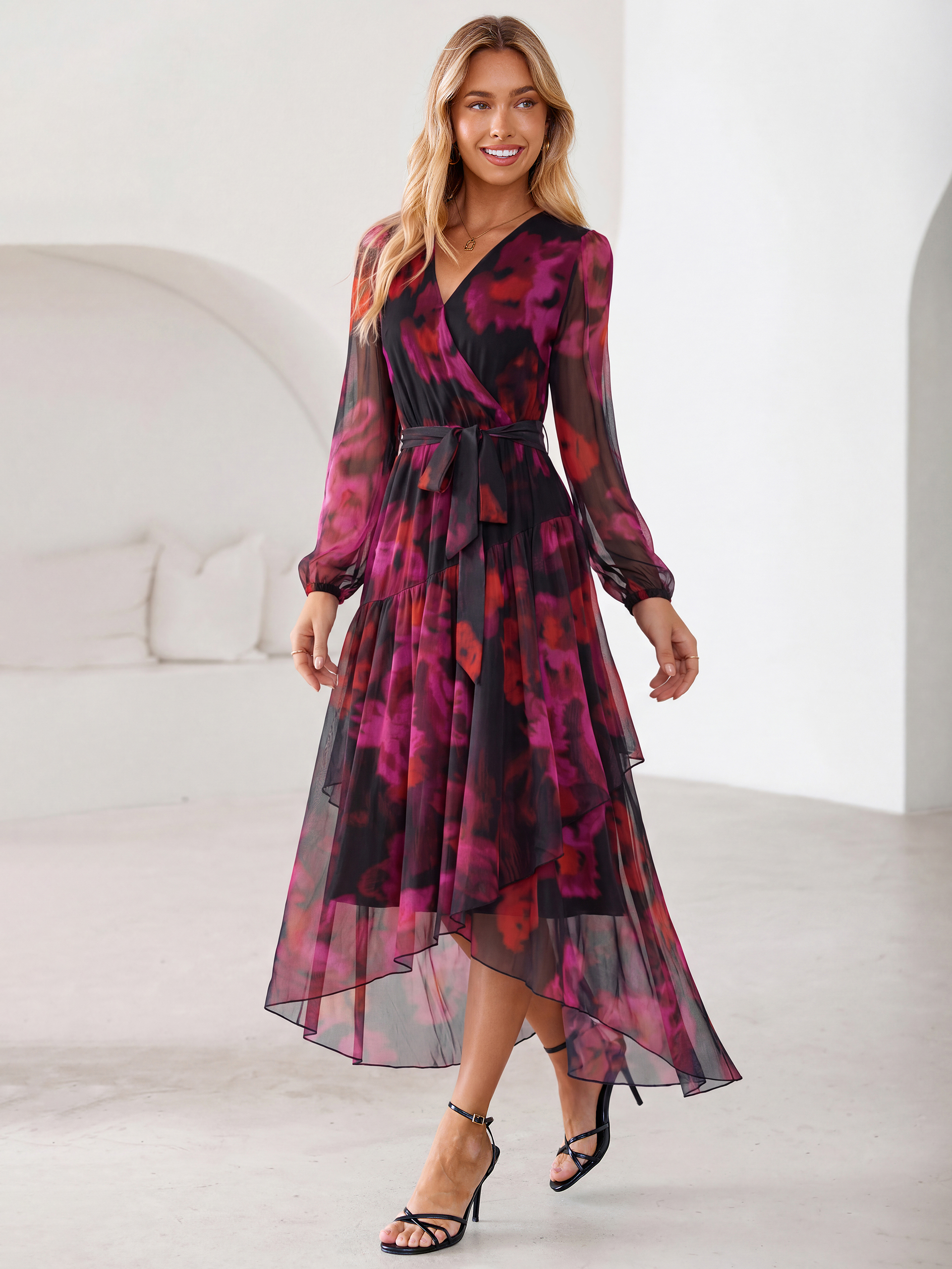 Floral Tulle Faux Wrap Long Sleeve Maxi Dress