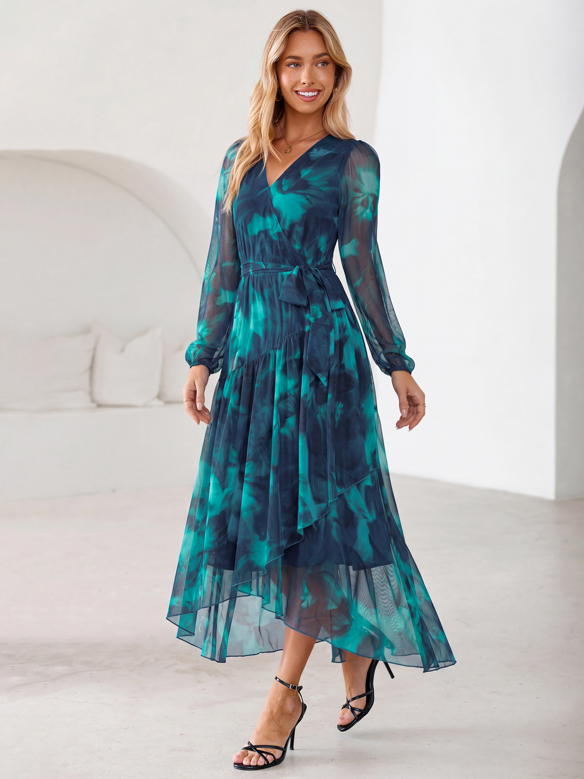 Floral Tulle Faux Wrap Long Sleeve Maxi Dress