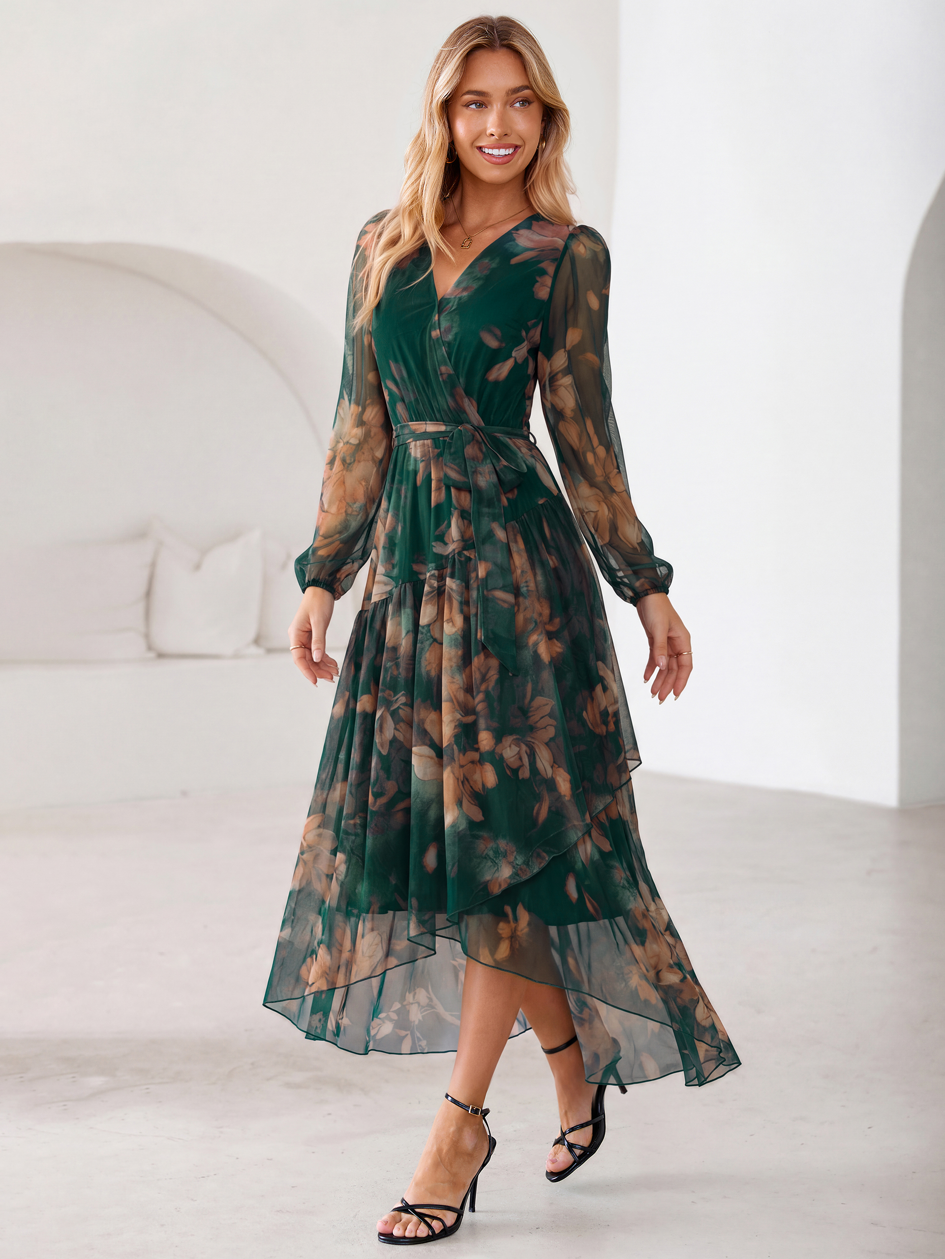 Floral Tulle Faux Wrap Long Sleeve Maxi Dress