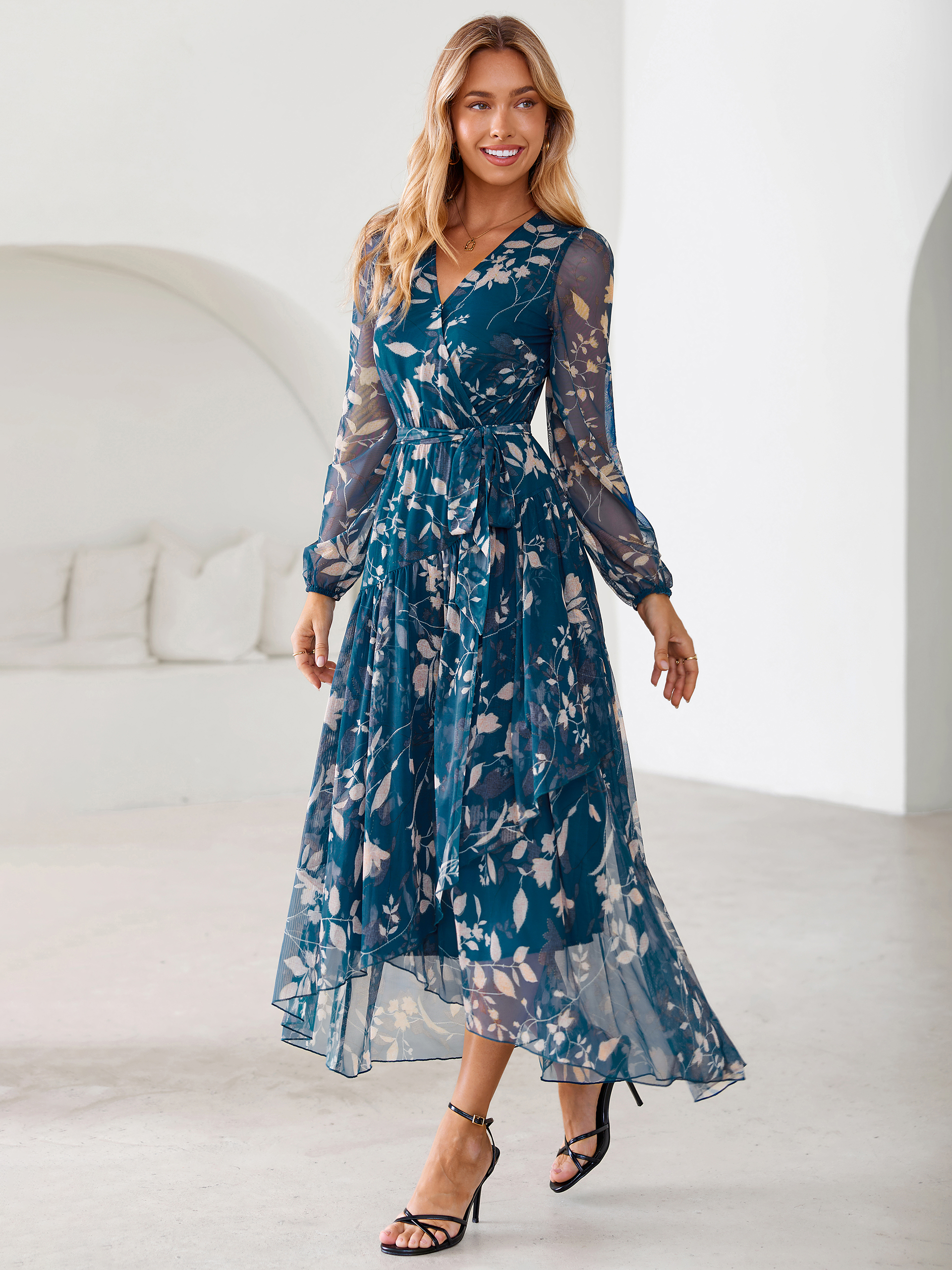 Floral Tulle Faux Wrap Long Sleeve Maxi Dress
