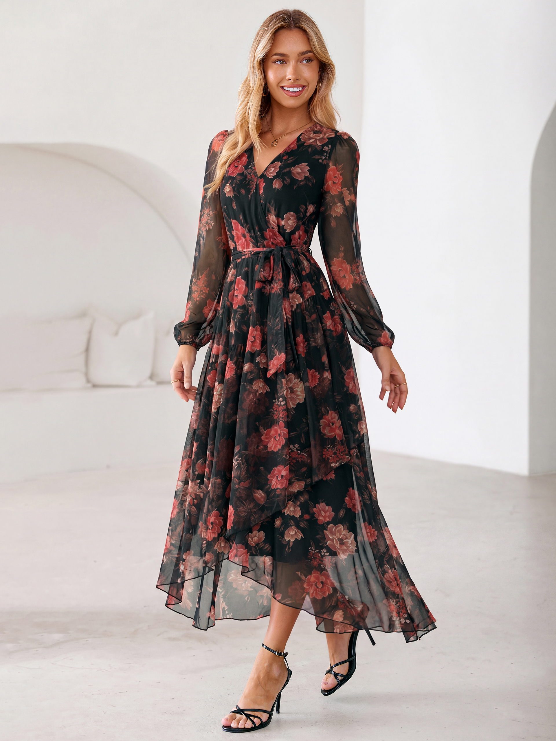 Floral Tulle Faux Wrap Long Sleeve Maxi Dress