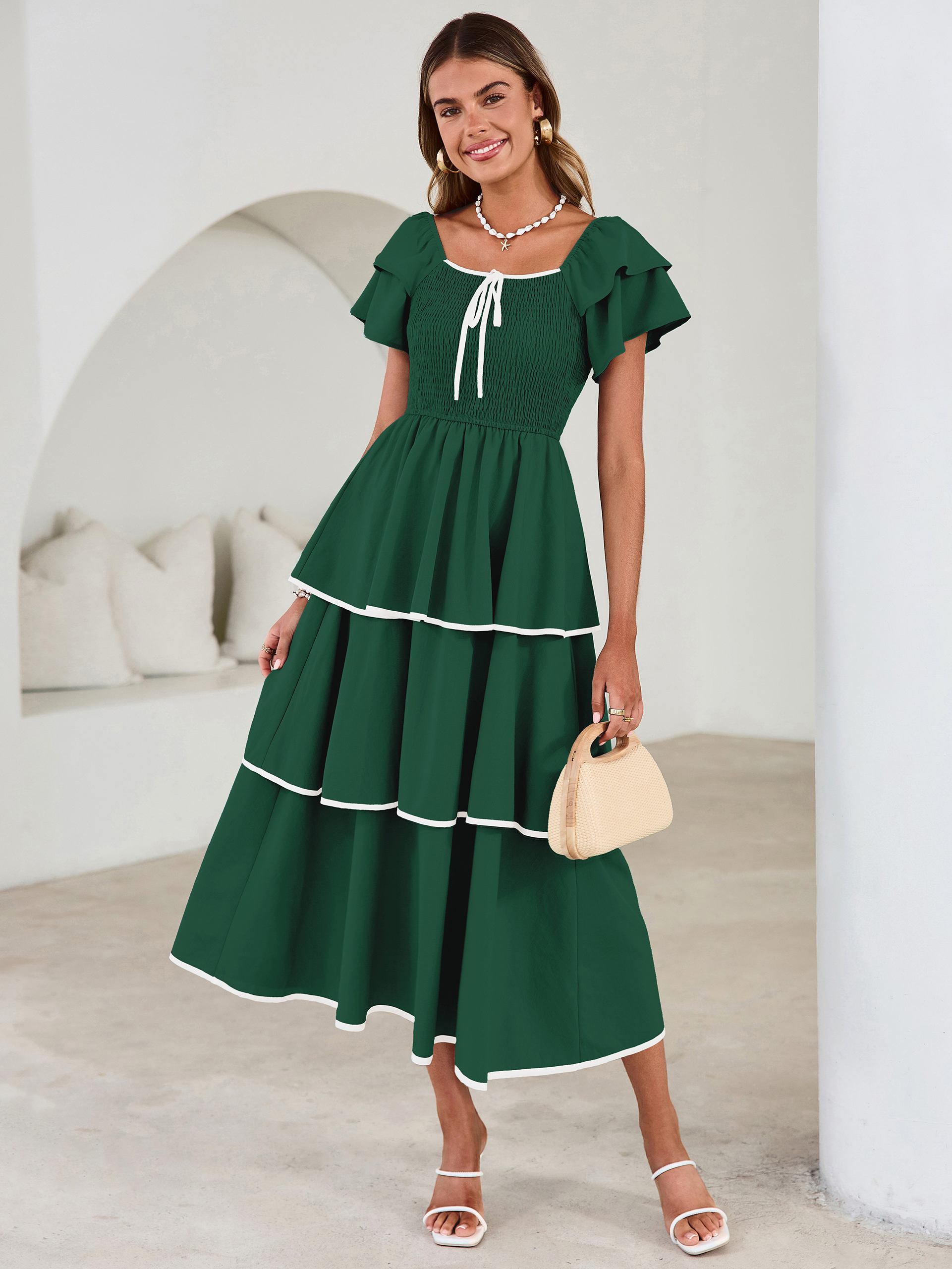 Ruched Off Shoulder Tiered Maxi Dress - Dark Green