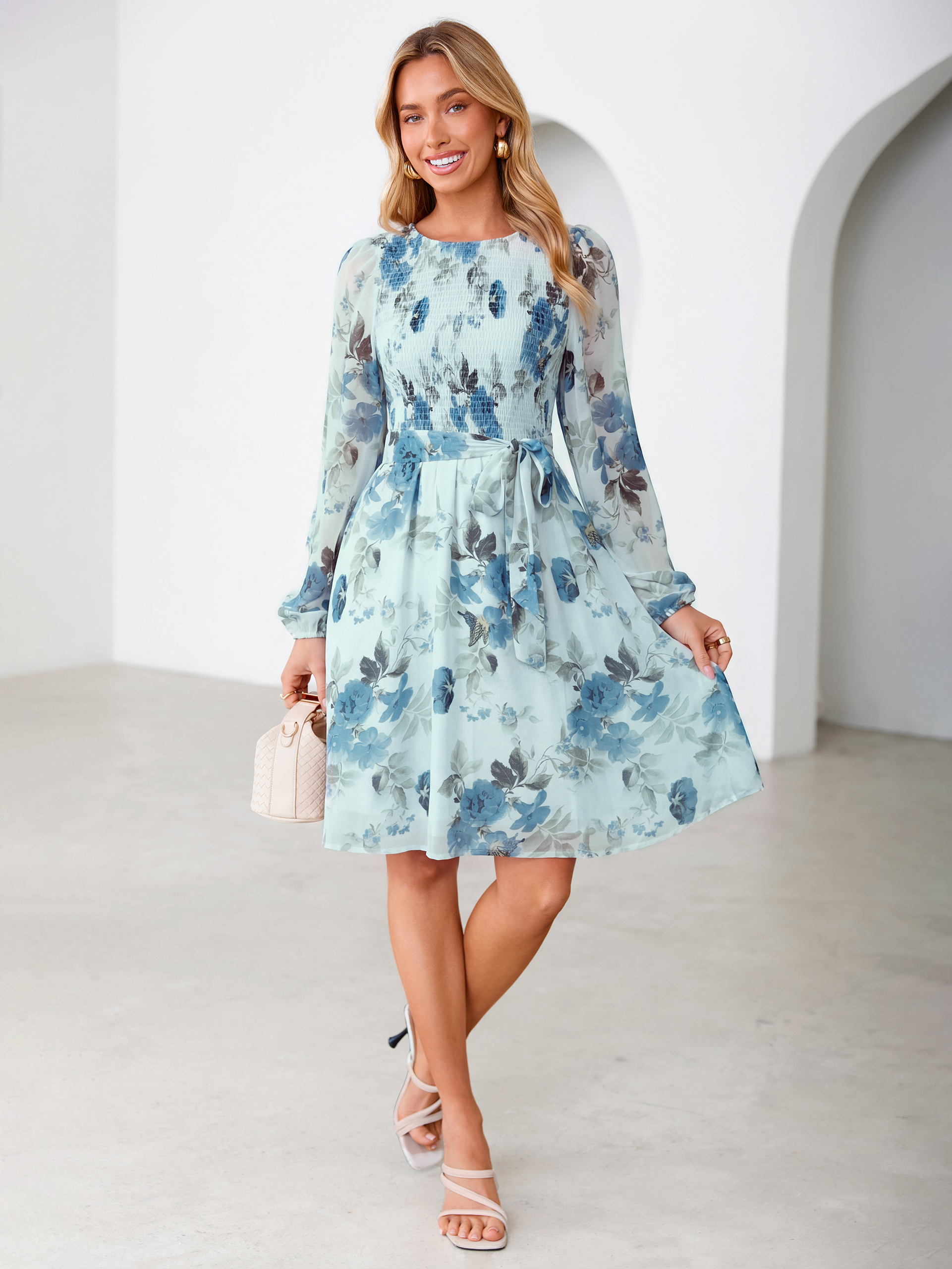 Floral Chiffon Smocked Tie Waist Mini Dress