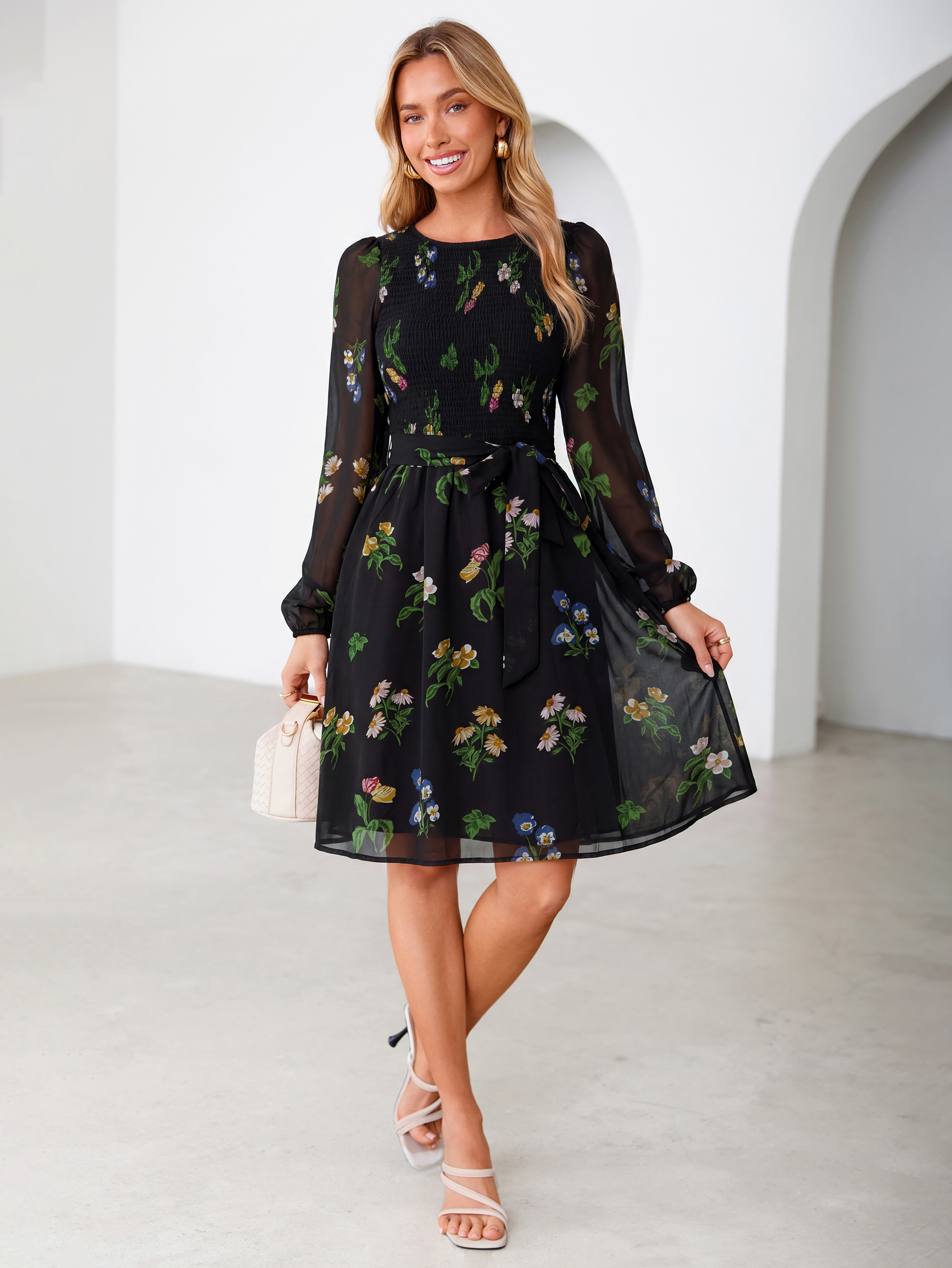 Floral Chiffon Smocked Tie Waist Mini Dress