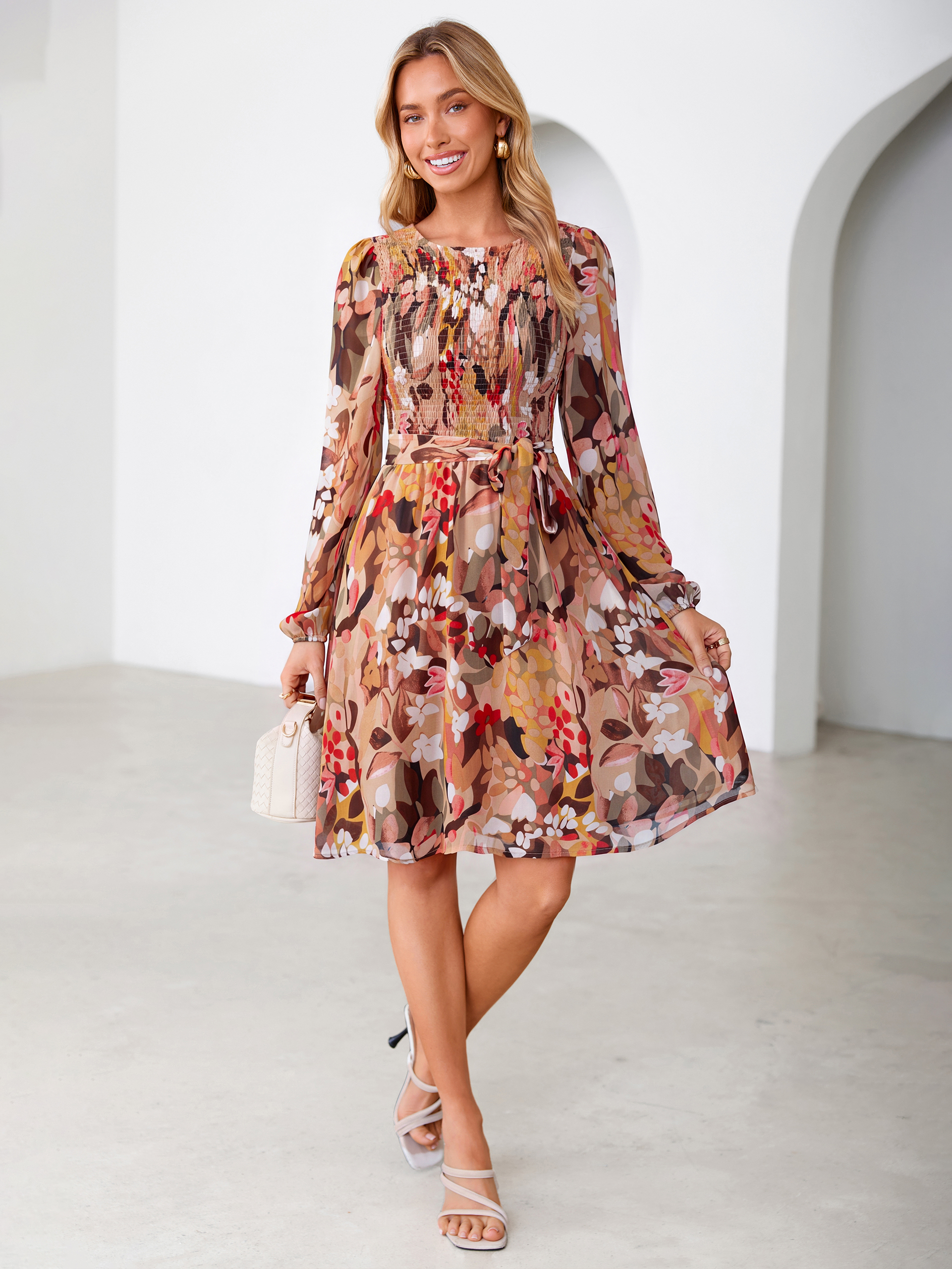 Floral Chiffon Smocked Tie Waist Mini Dress