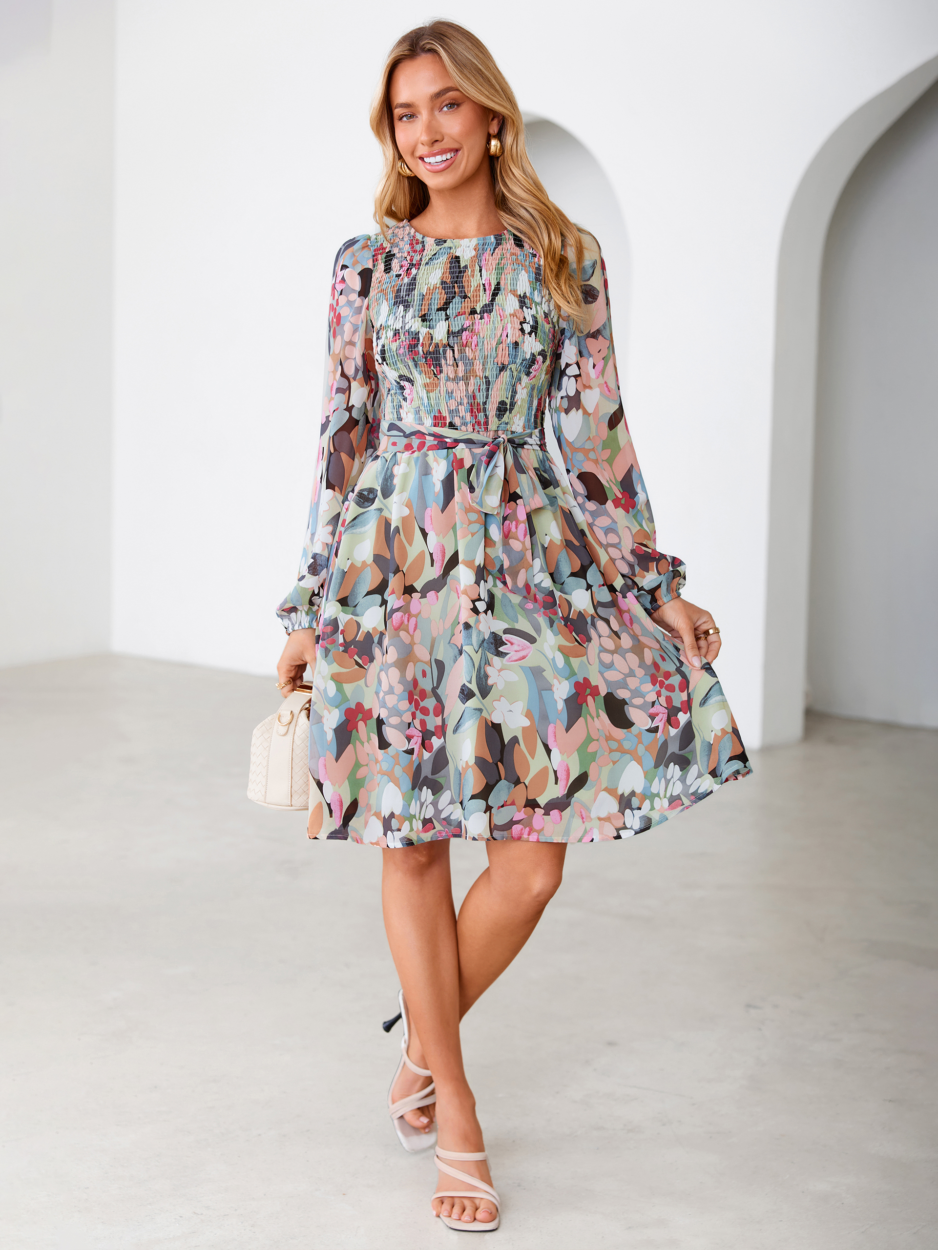 Floral Chiffon Smocked Tie Waist Mini Dress