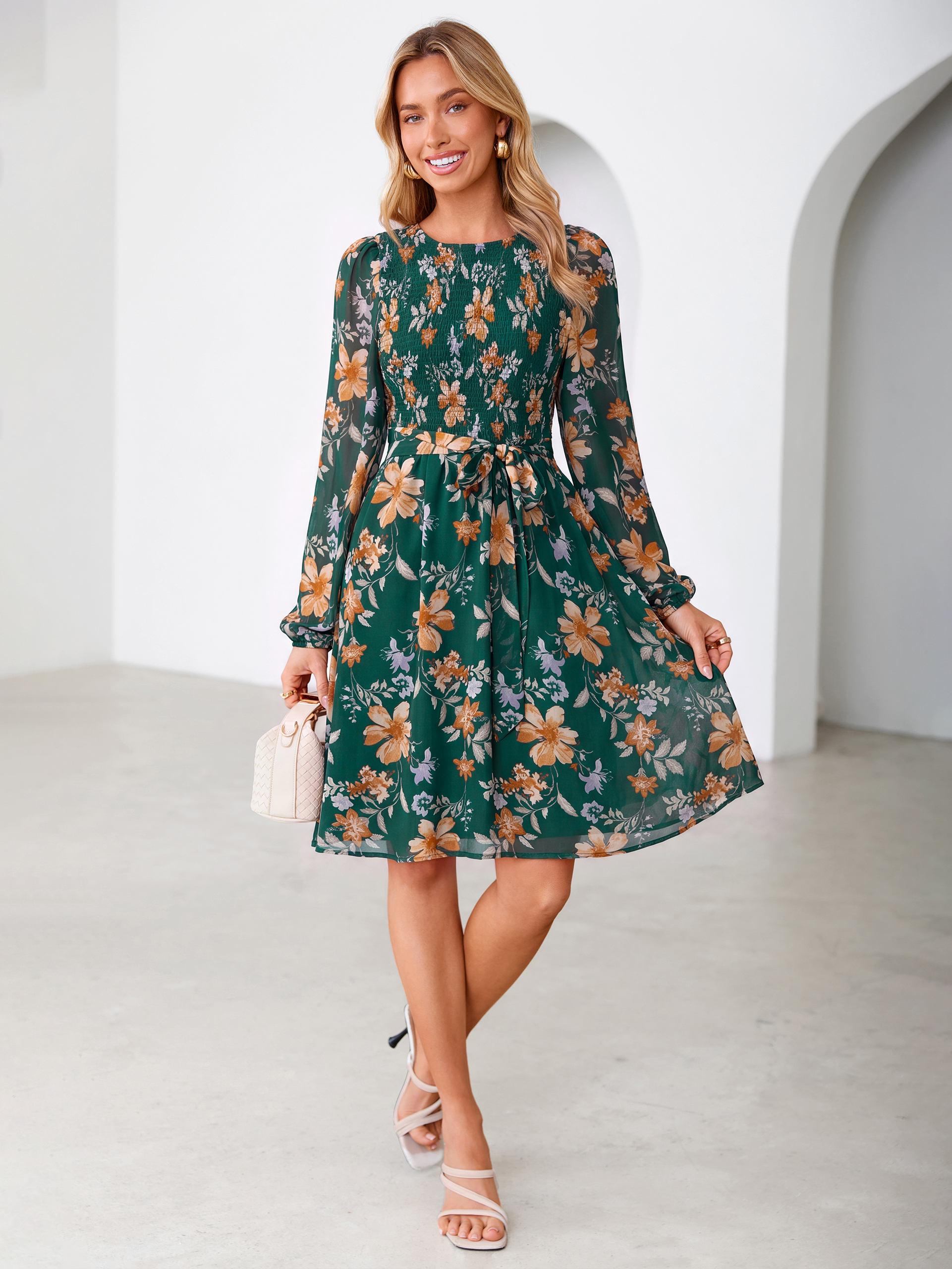Floral Chiffon Smocked Tie Waist Mini Dress