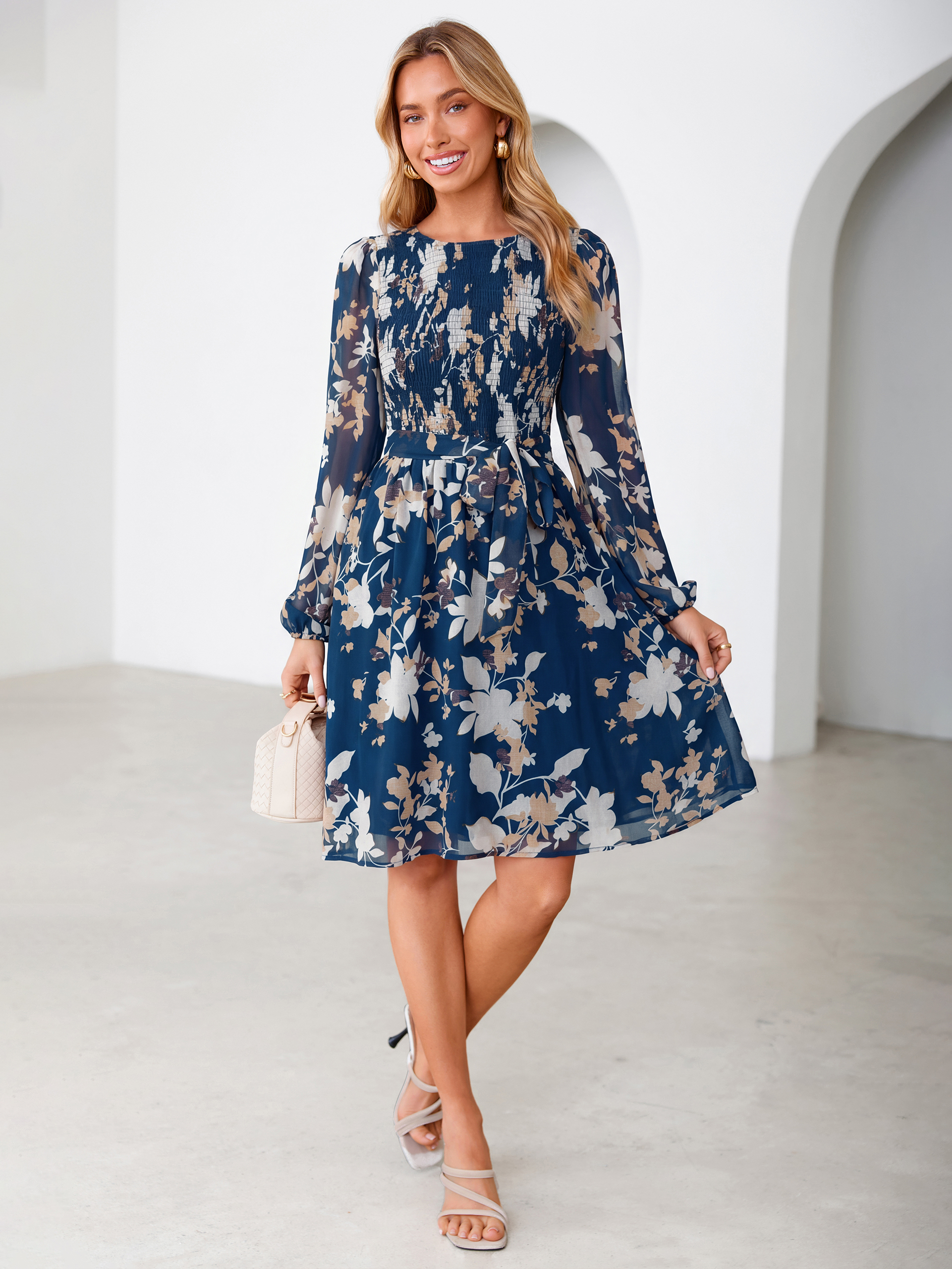 Floral Chiffon Smocked Tie Waist Mini Dress