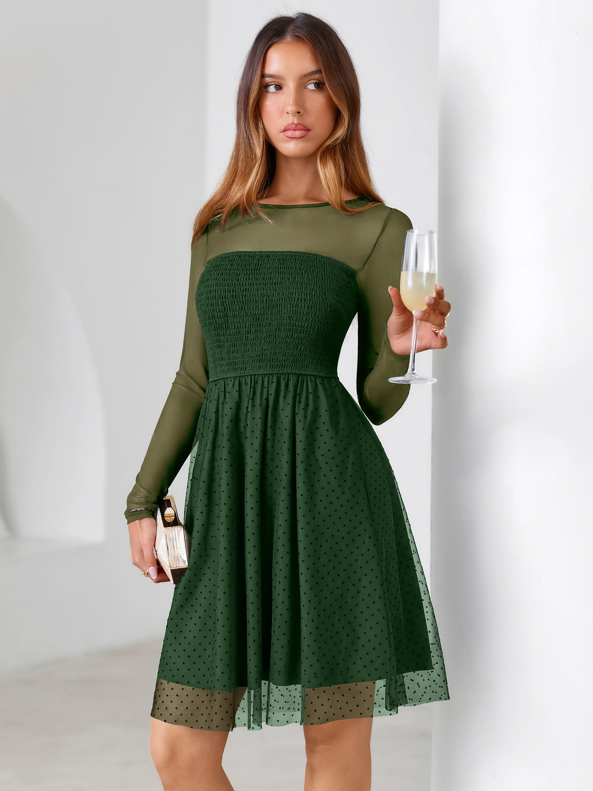 Long Sleeve Polka Dot Mesh Smocked Mini Dress