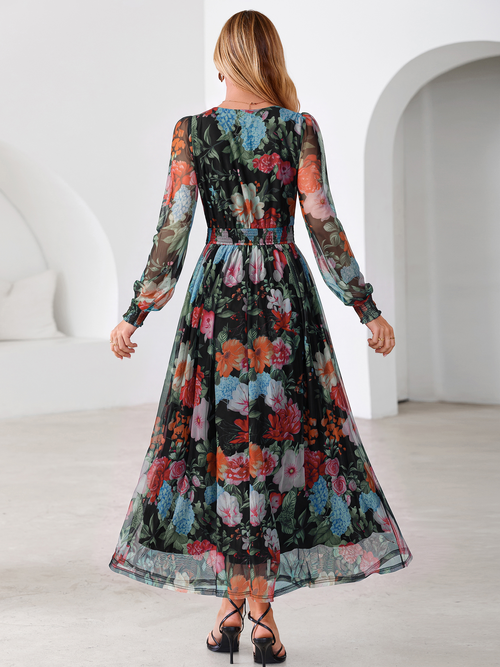 Romantic Floral Tulle Smocked Maxi Dress