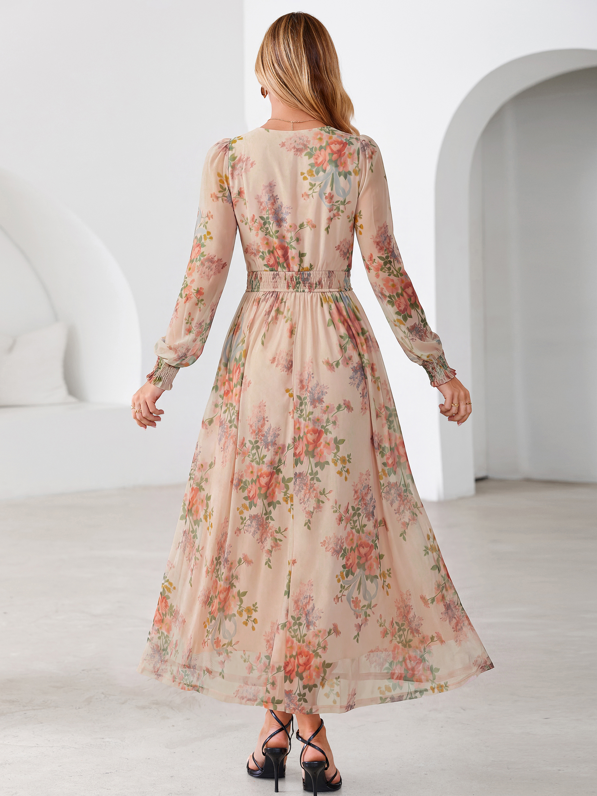Romantic Floral Tulle Smocked Maxi Dress