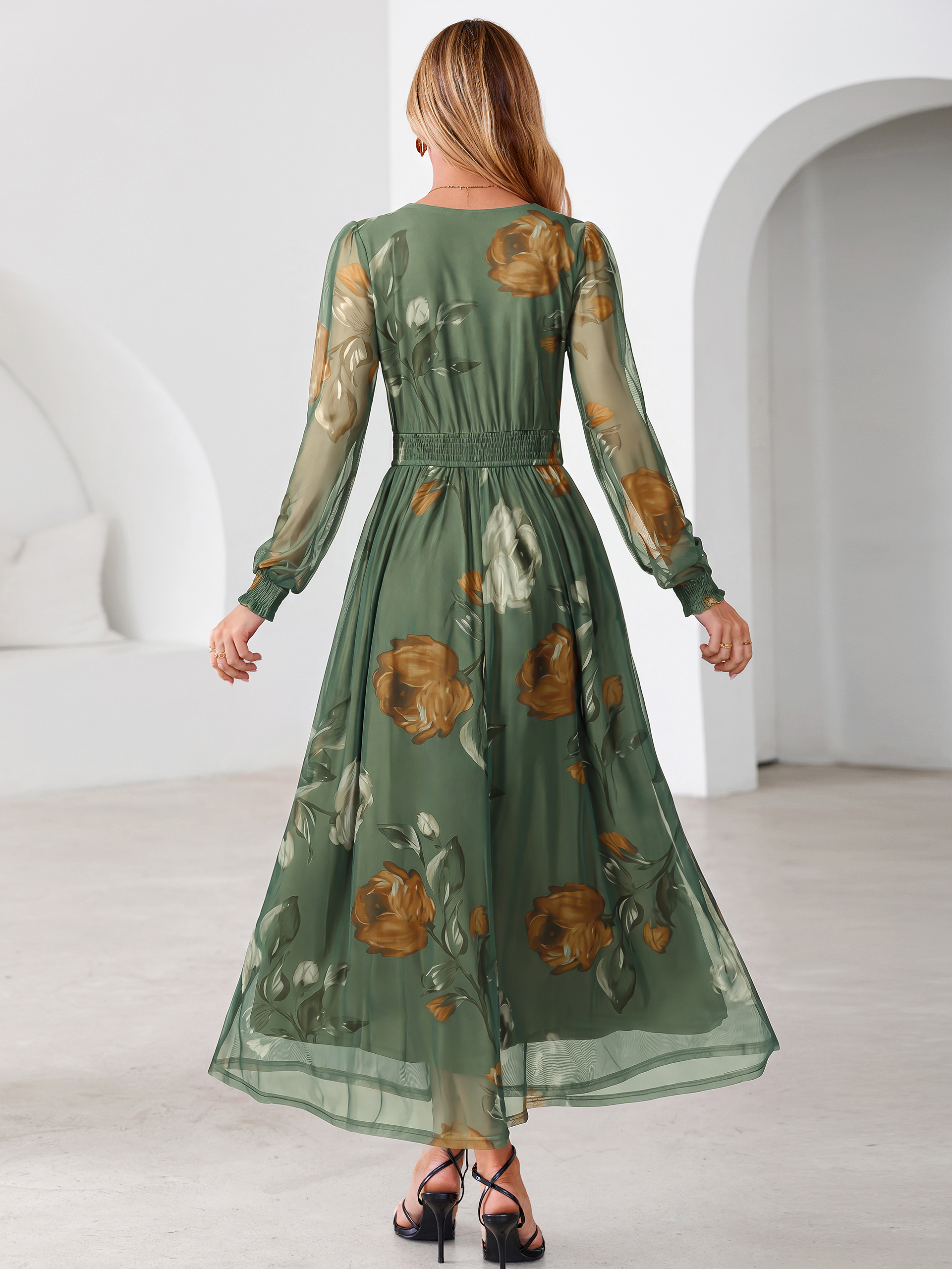 Romantic Floral Tulle Smocked Maxi Dress