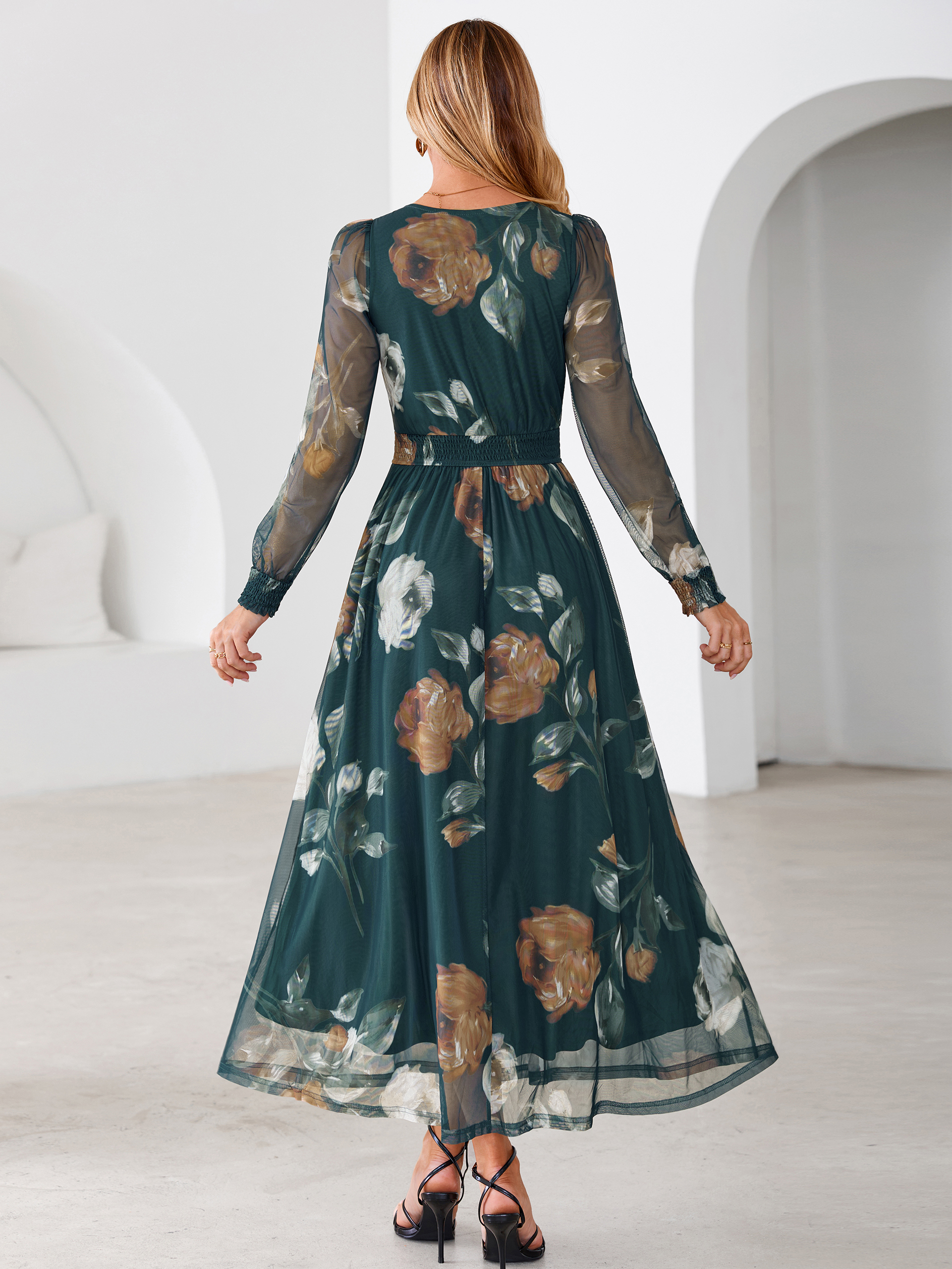 Romantic Floral Tulle Smocked Maxi Dress