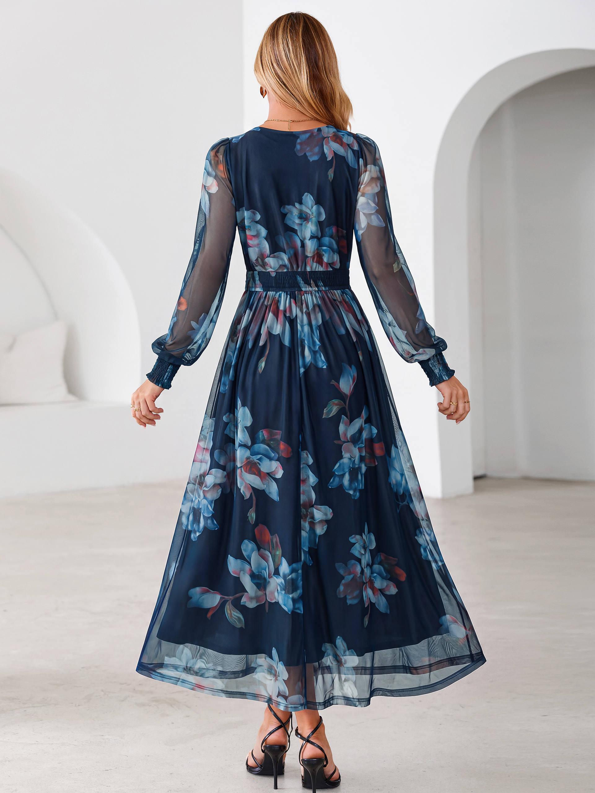 Romantic Floral Tulle Smocked Maxi Dress